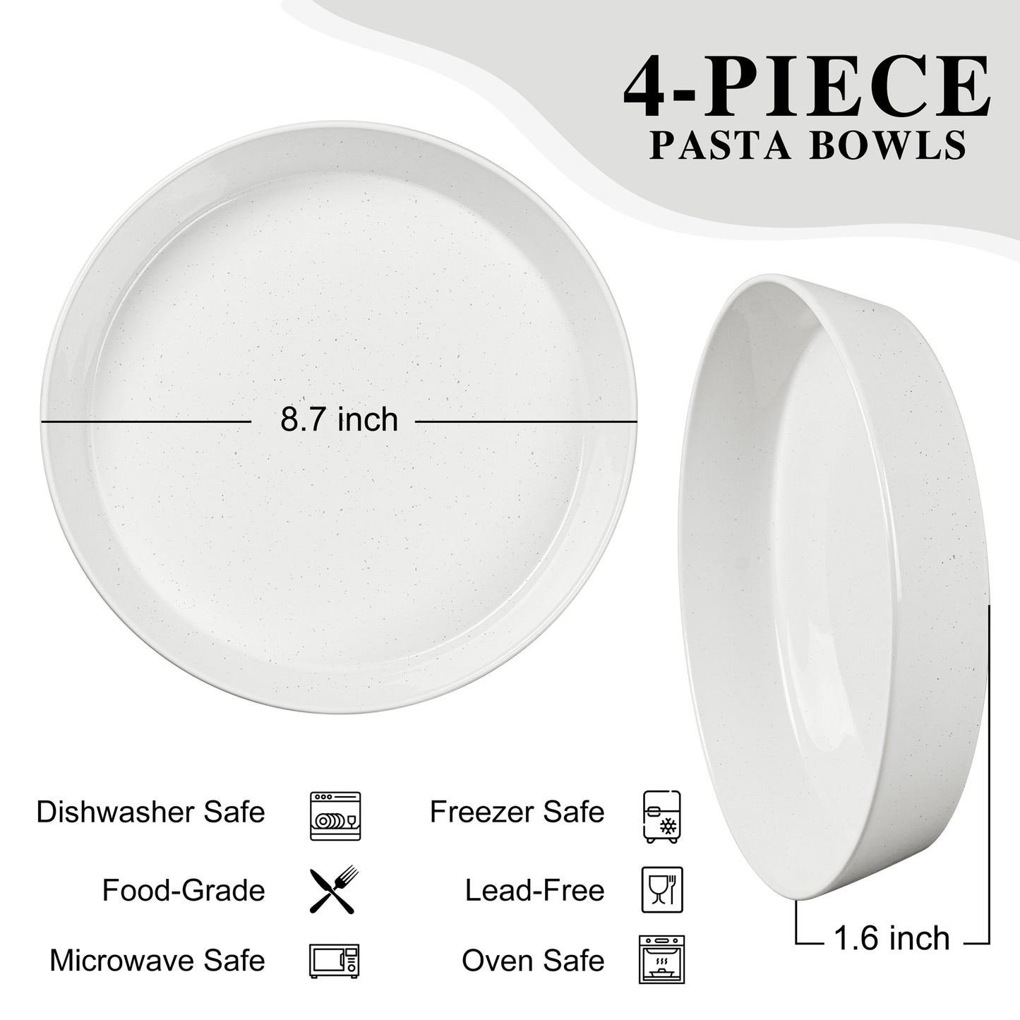 Vesteel Pasta Bowls Set of 4, 34oz Salad Plates for Home Kitchen, Stackable Large Wide Ceramic Bowls for Serving Dinner, Microwave & Dishwasher Safe, Speckled White
