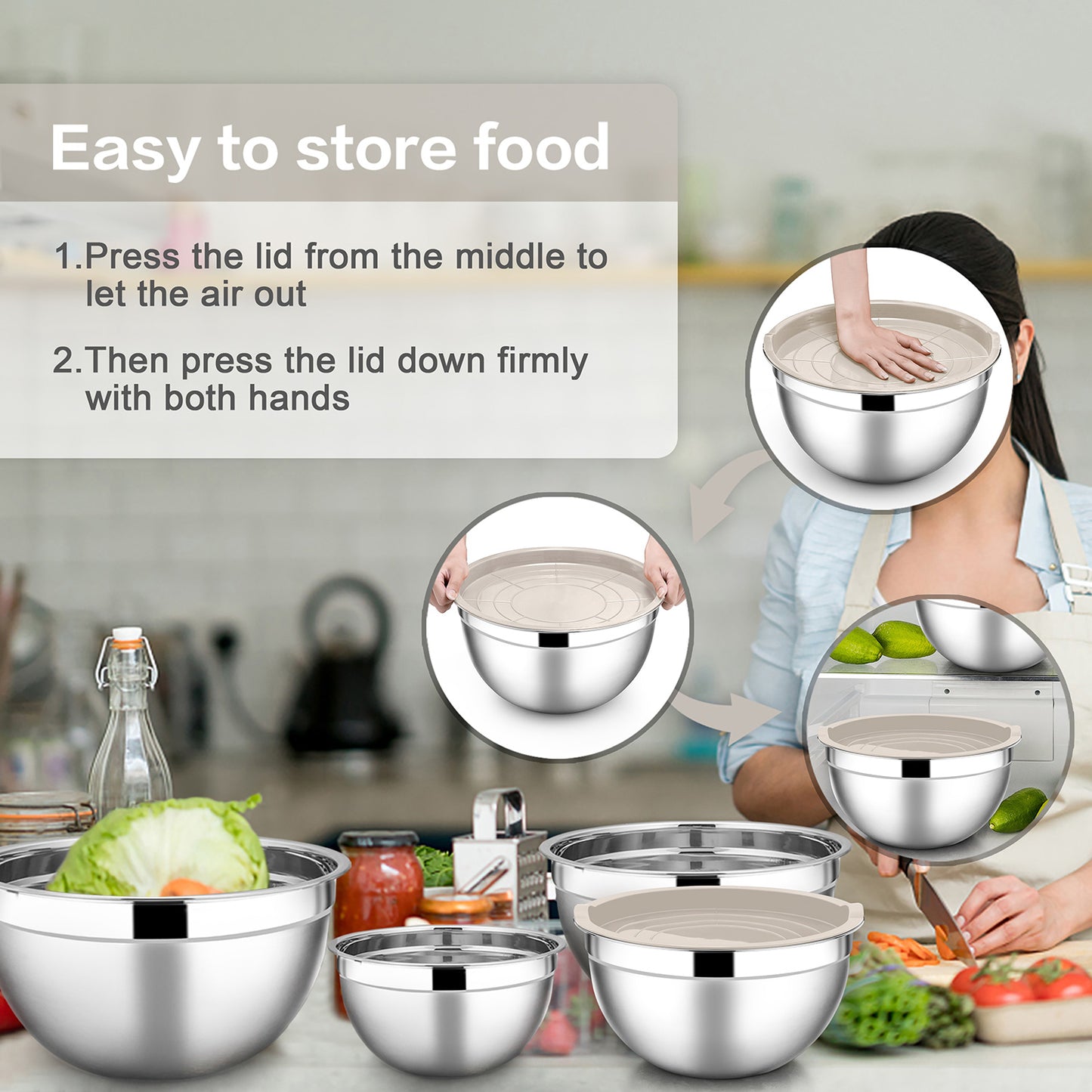 Vesteel 7 PCS Stainless Steel Mixing Bowls, Metal Nesting Salad Bowls with Lids, 4.5/3.5/3/2.5/1.5/1.2/0.7 QT - Khaki