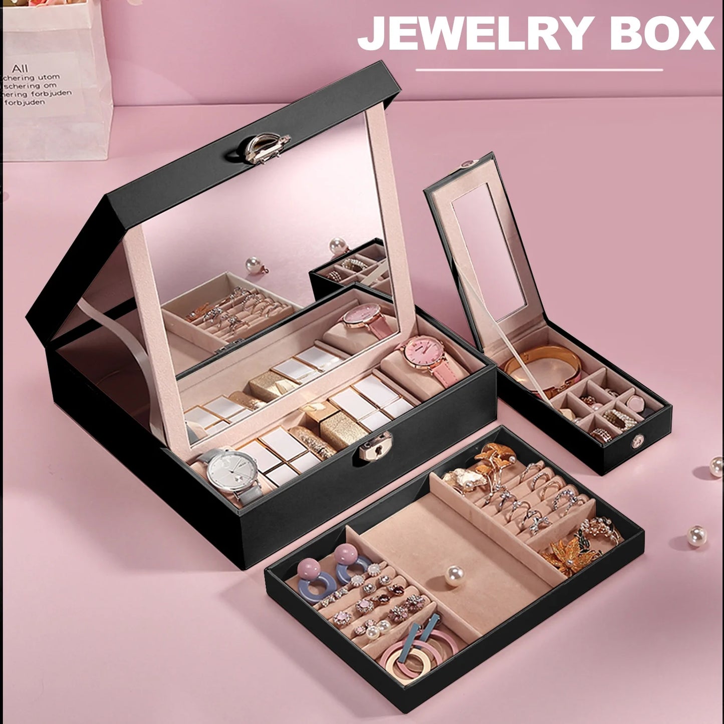 Vesteel Jewelry Box, 2-Layer Jewelry Storage Organizer with Built-in Mirror, Lockable Jewelry Case for Women Girl - Black