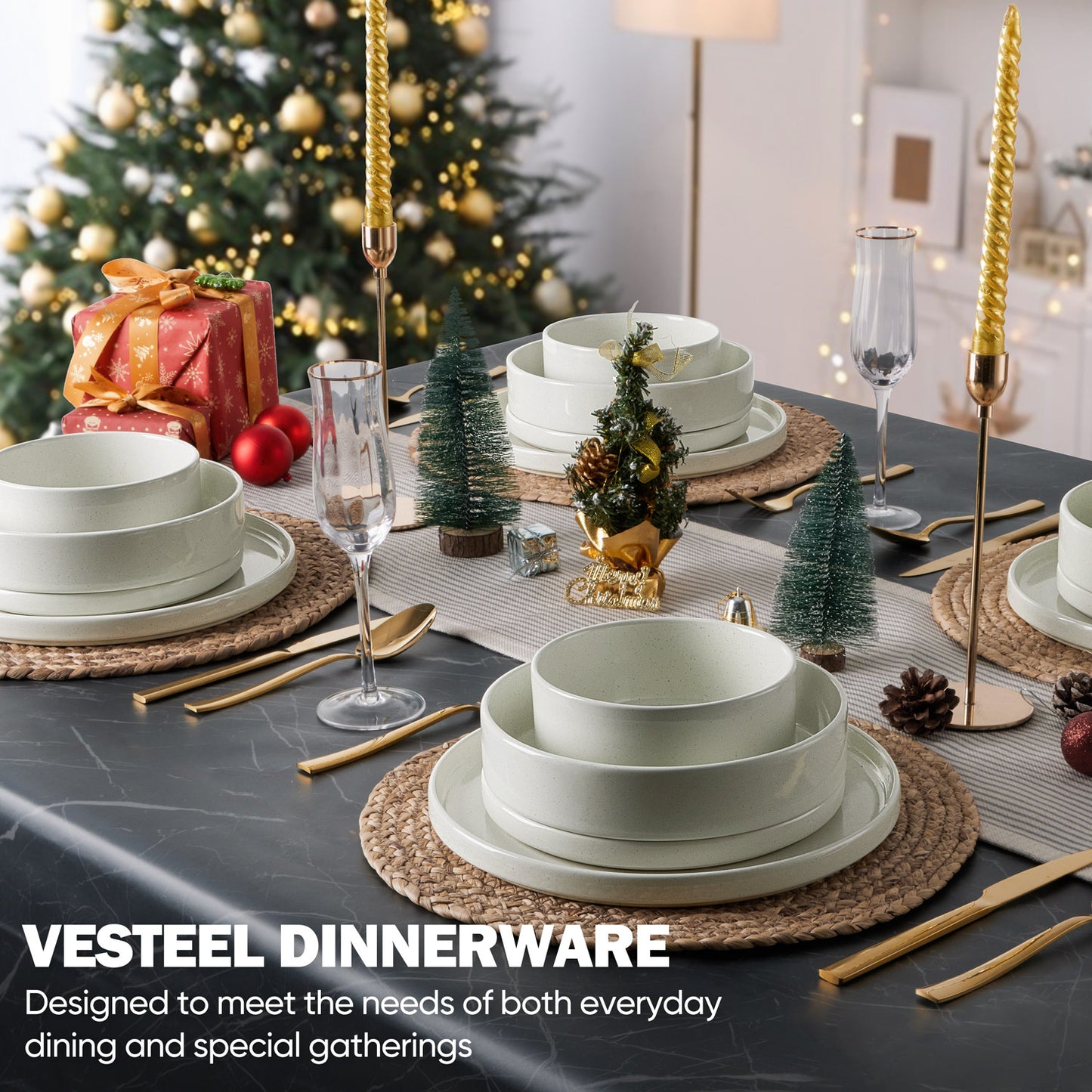 Vesteel 16 Pieces Dinnerware Sets, Premium Stoneware Dishes Set for 4, Speckled Plates and Bowls Set for Home Restaurant, Microwave and Dishwasher Safe - Off-white