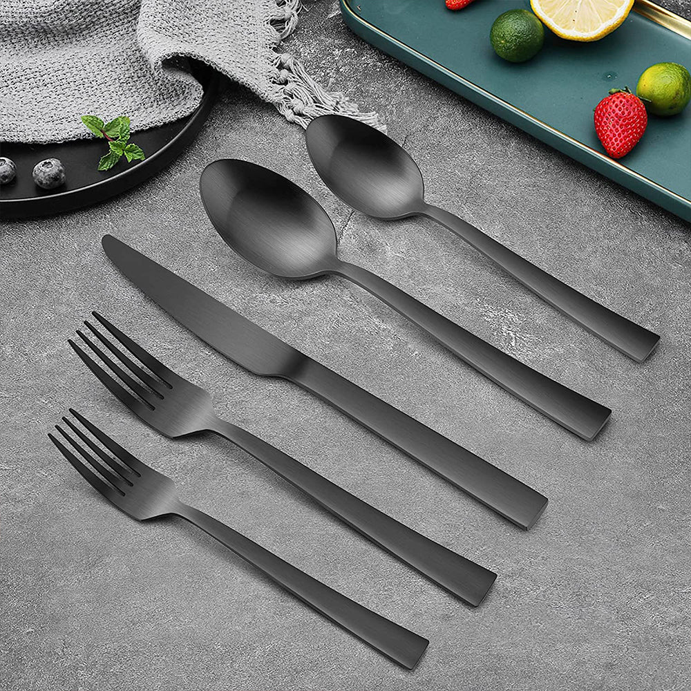 VeSteel 60-Piece Matte Black Silverware Set, Stainless Steel Flatware Set Service for 12, Metal Cutlery Eating Utensils Tableware Includes Forks/Spoons/Knives, Square Edge