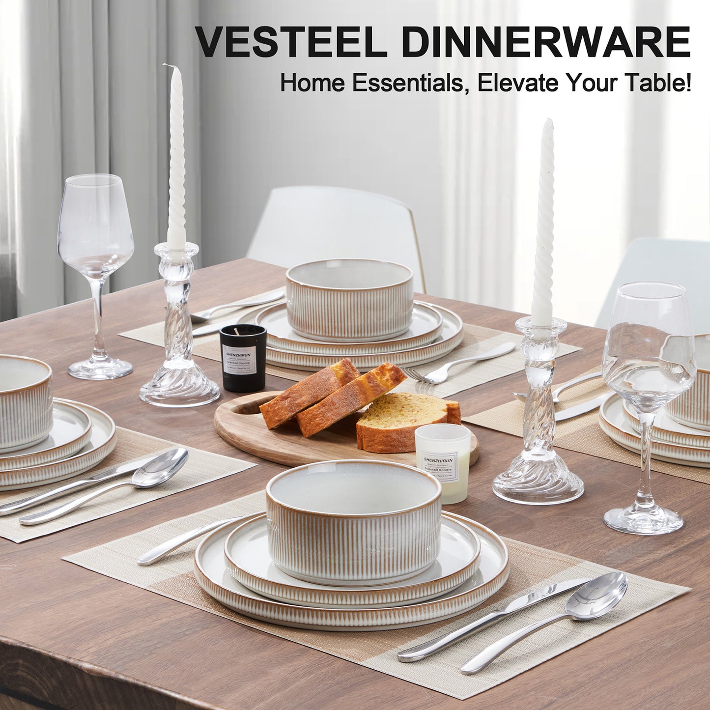 Vesteel Dinnerware Set for 4, 12-Piece Premium Stoneware Ribbed Dishes with Reactive Glaze, Chip & Scratch Resistant Plates and Bowls Set for Home Restaurant, Microwave Safe - Cappuccino White