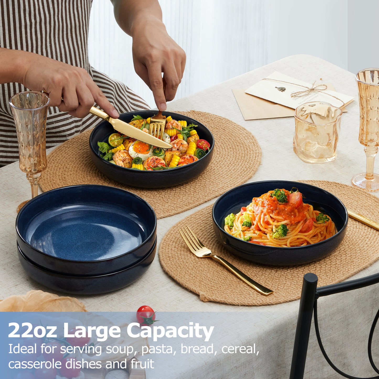 Vesteel Pasta Bowl Set of 4, 22oz Stoneware Salad Pasta Serving Bowls for Soup Dinner Cereal, Microwave & Dishwasher Safe, Ocean Blue