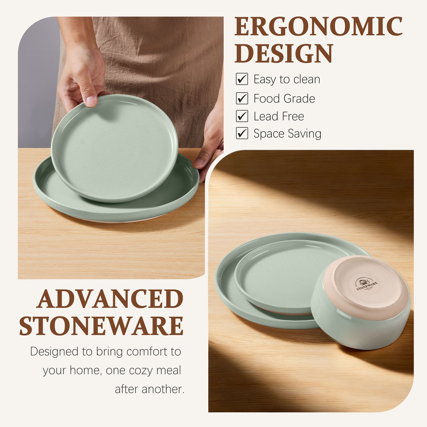 Vesteel Stoneware Dinnerware Sets for 2, 6 Pieces Ceramic Plates and Bowls Sets, Elegant Dishes with Rustic Terracotta Base, Dishwasher & Microwave Safe, Scratch Resistant, Light Green
