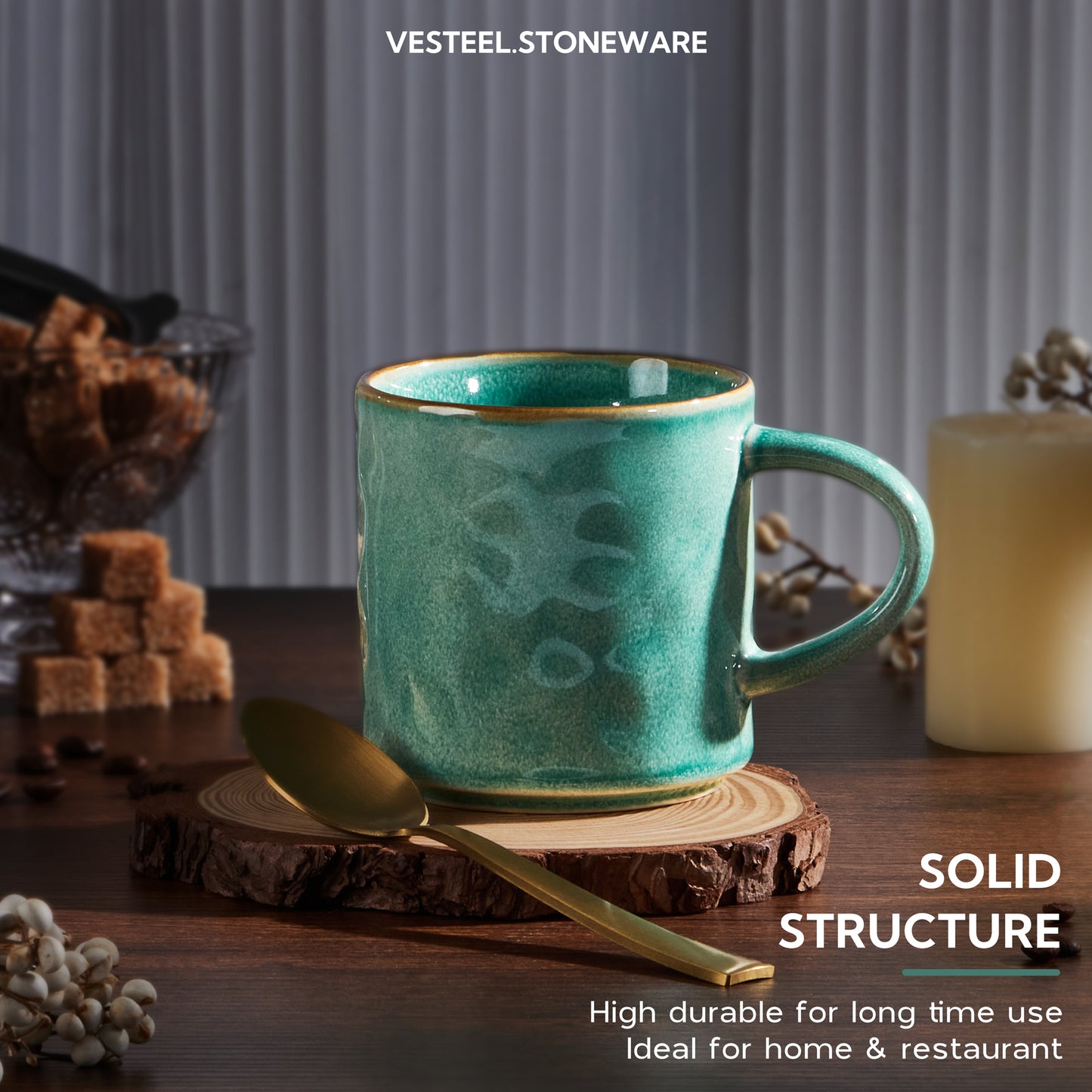 Vesteel Coffee Cups Set of 4, 14oz Ceramic Mugs Set with Handles, Porcelain Mug for Latte Tea Beer Hot Cocoa, Dishwasher & Microwave Safe, Jade Green