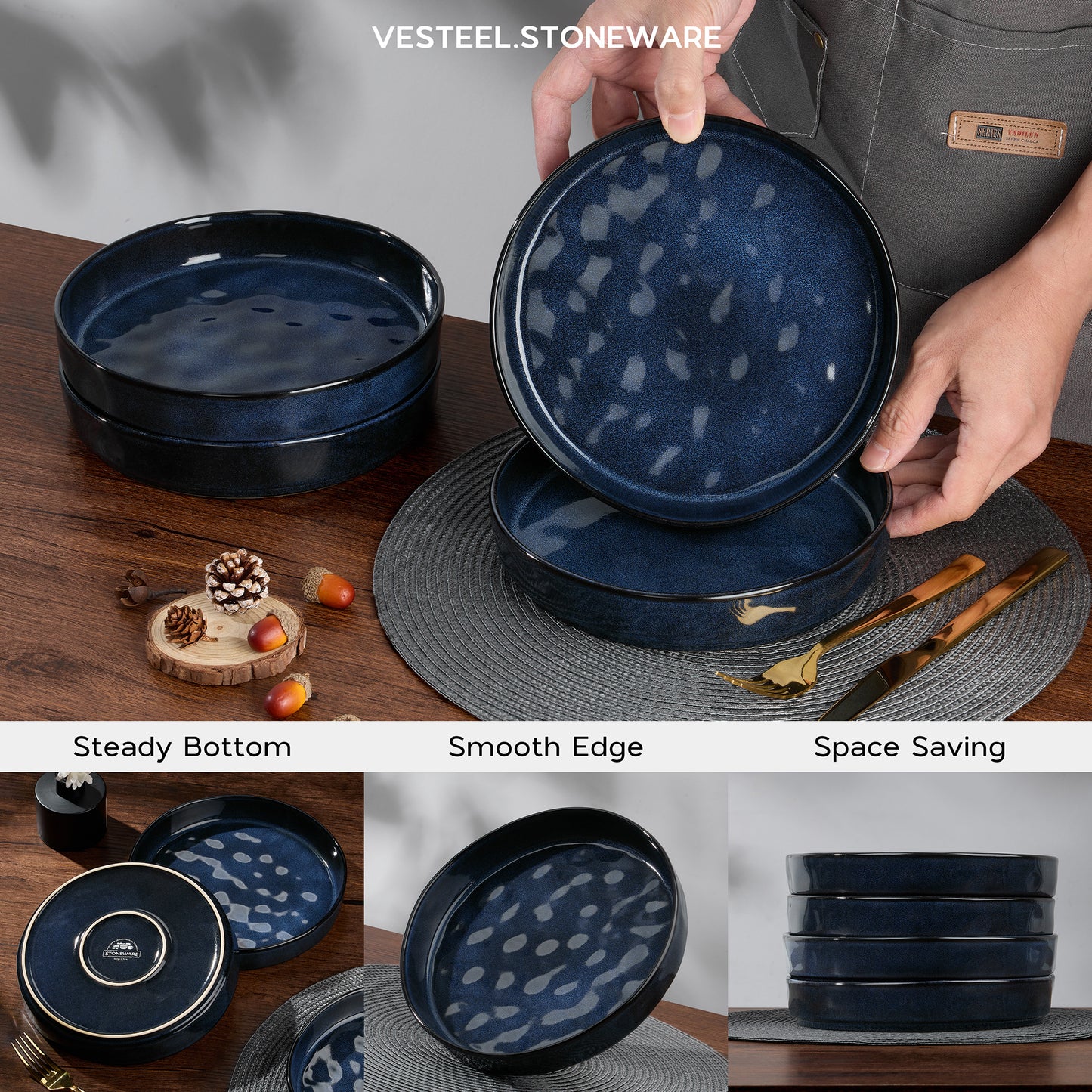 Vesteel Pasta Bowls Set of 4, 32oz Stoneware Salad Bowl, Large Dinner Bowls for Eating Serving Soup Noodle Pasta, Microwave & Dishwasher Safe, Ocean Blue