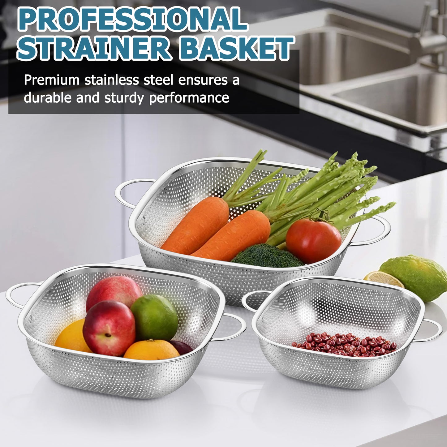 Vesteel Stainless Steel Square Colander Set of 3 (2QT + 3QT + 5QT), Nesting Strainer Baskets with Sturdy Handles, Metal Colanders for Washing, Draining & Rinsing Fruits, Vegetables, Pasta