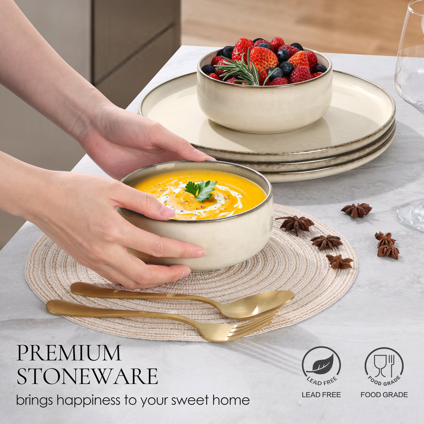 Vesteel Dinnerware Sets for 4, 16-Piece Stoneware Dish and Bowls Set, Handmade Reactive Glaze Coupe Plates Set, Chip & Scratch Resistant - Khaki