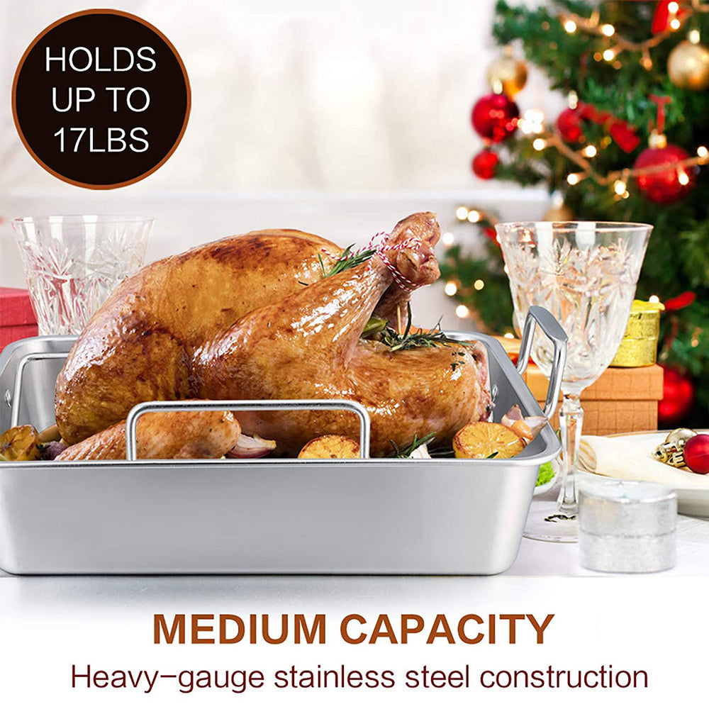 Roasting Pan, VeSteel 14 Inch Stainless Steel Turkey Roaster with Rack, Include Deep Lasagna Pan & V-Shaped Rack & Roasting Rack, Non-Toxic & Heavy Duty - Rectangular