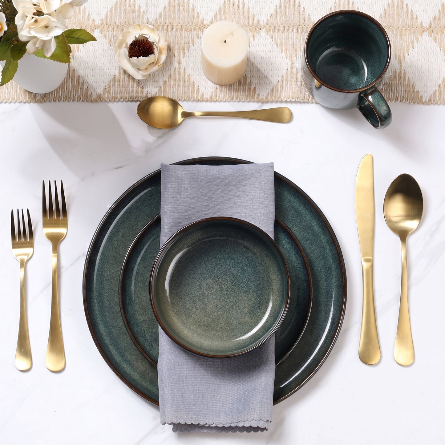 Onader 12 Piece Dinnerware Sets, Plates and Bowls Set for 4, Handmade Stoneware Dishes Sets for Home Restaurant, Dishwasher & Microwave Safe - Blackish Green