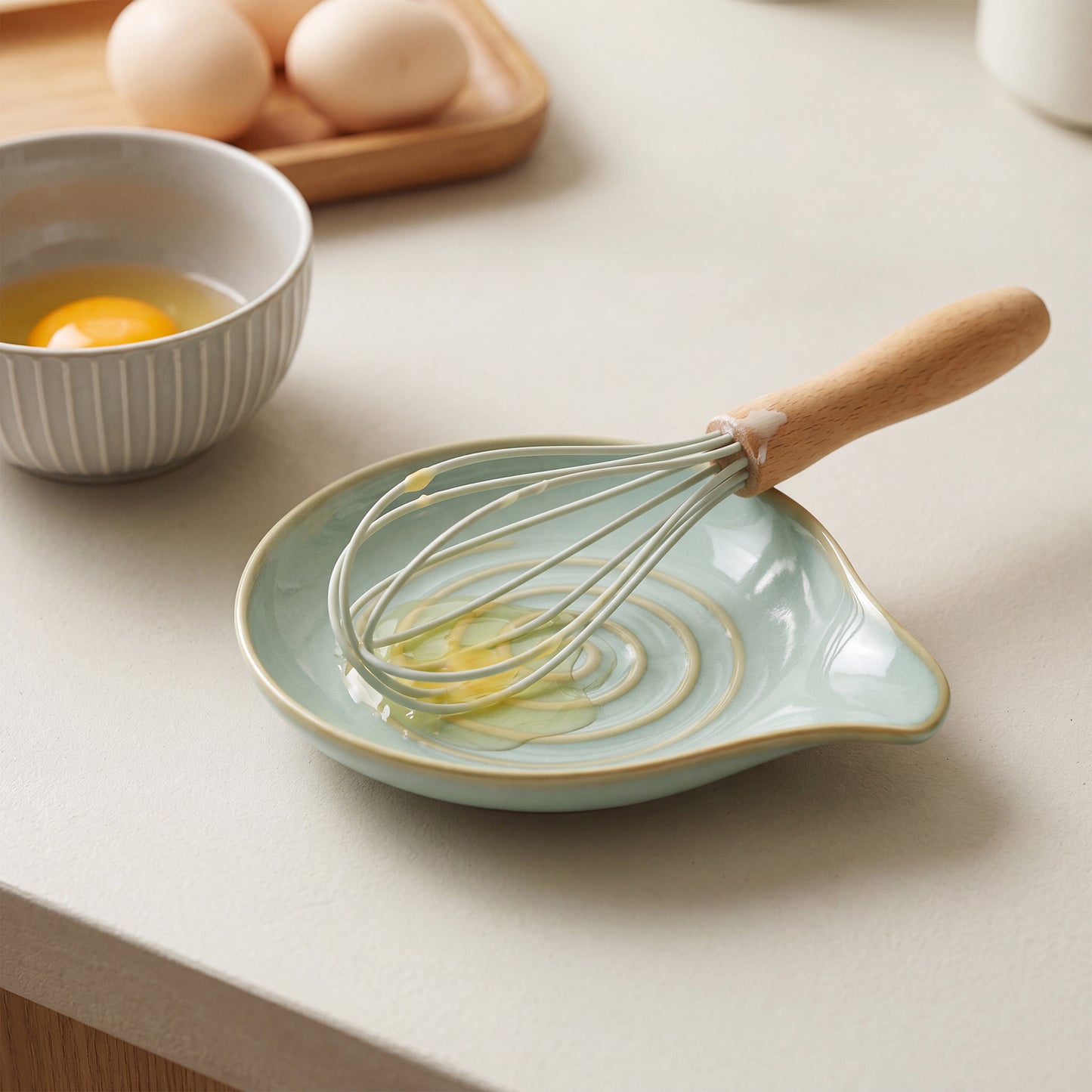 Onader 2-Piece Spoon Rest, 5" Ceramic Spoon Holder for Kitchen Utensils Soup Ladle Slotted Turner Spatula, Cooking Utensil Rest for Kitchen Countertop, Light Green