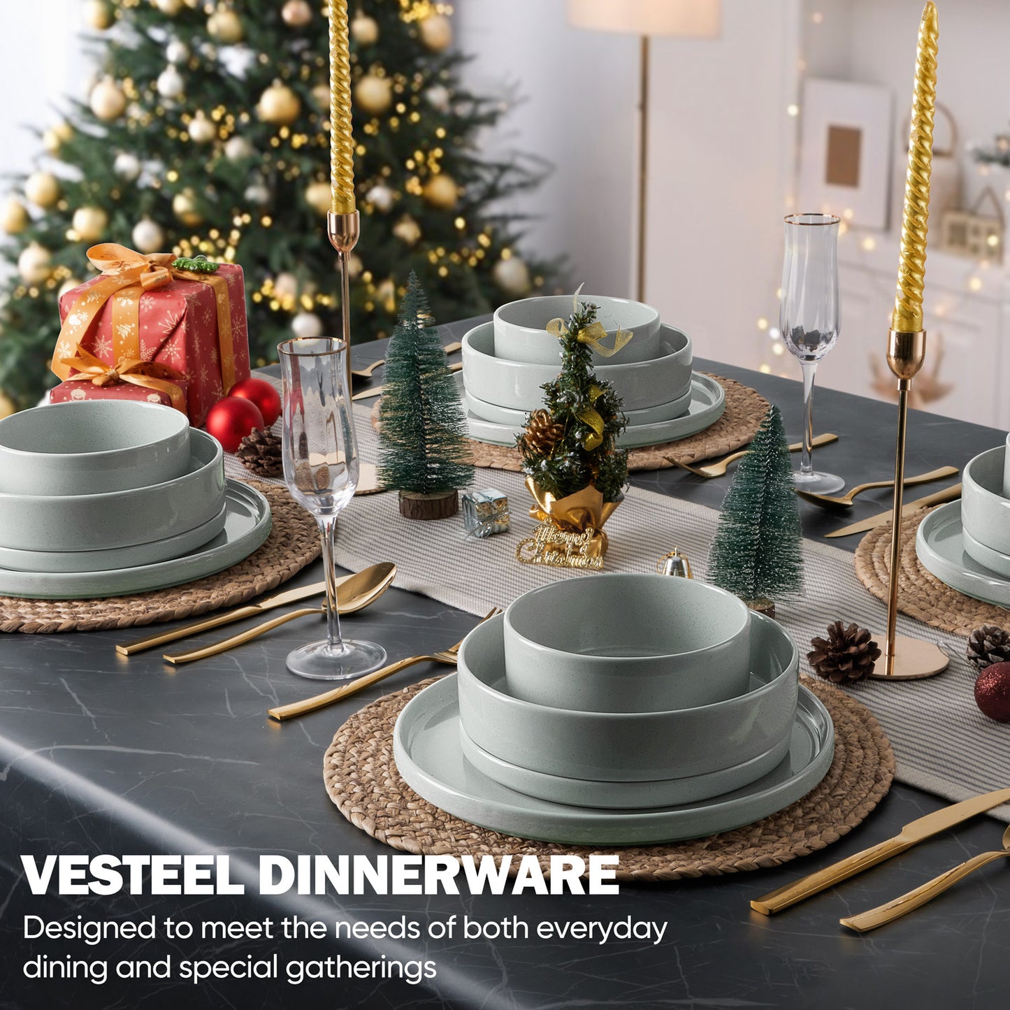 Vesteel 16 Pieces Dinnerware Sets, Premium Stoneware Dishes Set for 4, Speckled Plates and Bowls Set for Home Restaurant, Microwave and Dishwasher Safe - Mist Grey