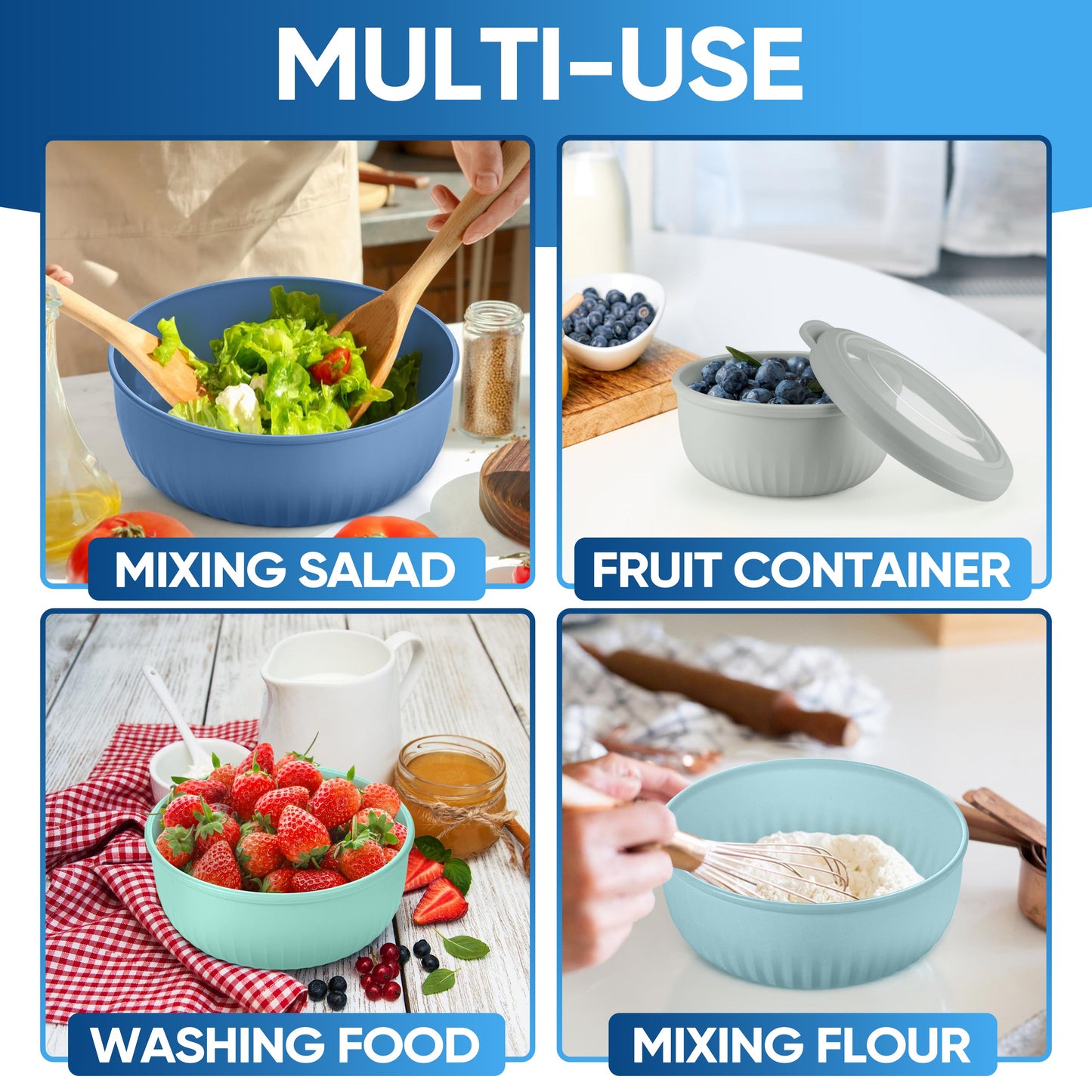 Vesteel 8Pcs Mixing Bowl Set with Lids, Nesting Plastic Bowls for for Mixing Serving Preparing Storage, Kitchen Prep Bowls, Dishwasher Safe, Dark Blue