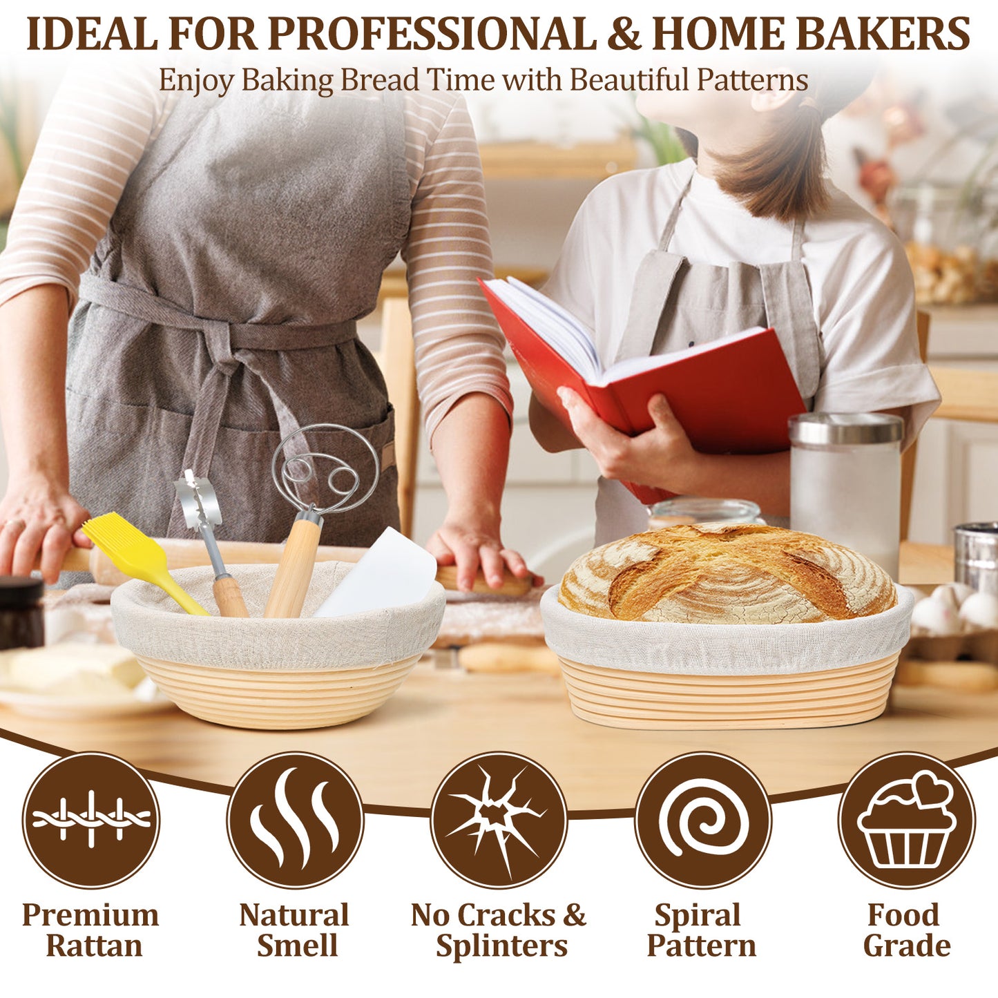 Vesteel Bread Proofing Basket Set, 9” Round and 10” Oval Banneton Bread Baking Baskets with Liner, Dough Baking Supplies Tools Included for Fermenting Baking