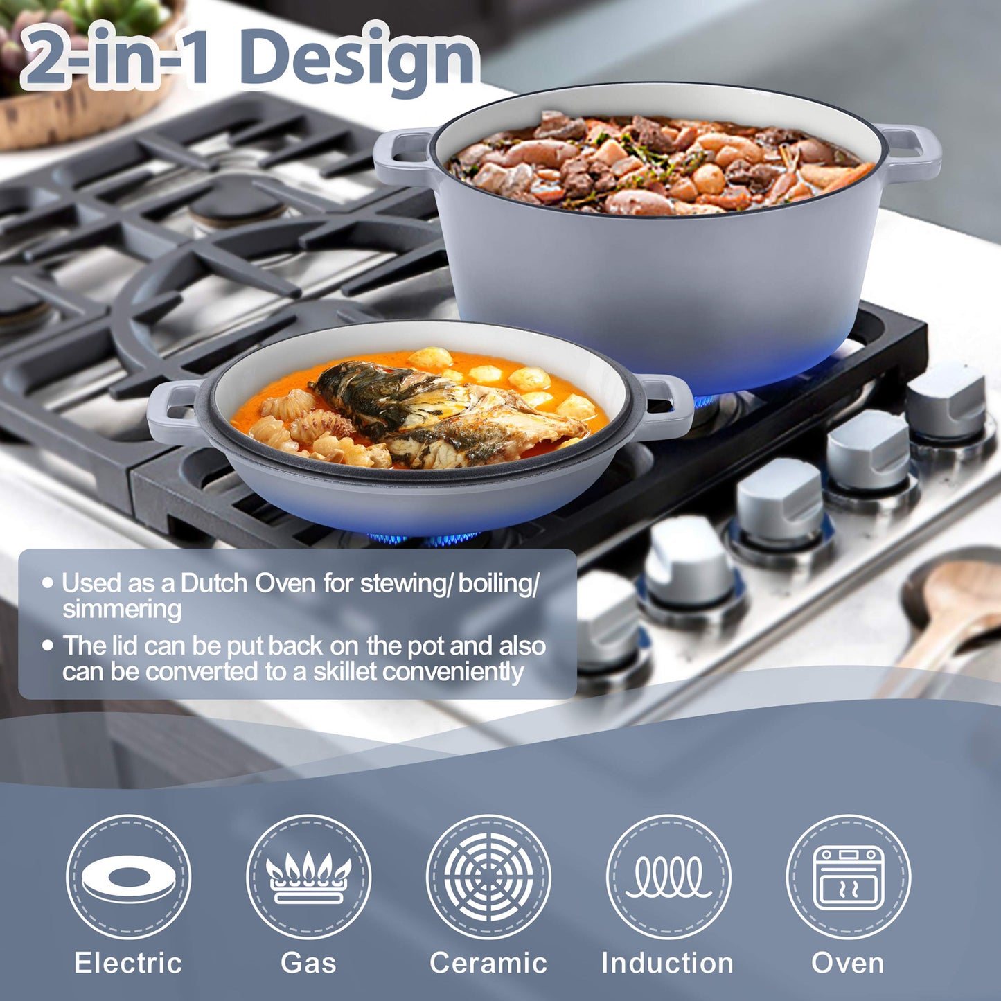 Vesteel 2-in-1 Enameled Cast Iron Dutch Oven with Skillet Lid, 5 Quart Dutch Oven Pot Cookware with Handles for Grilling, Stewing - Grey