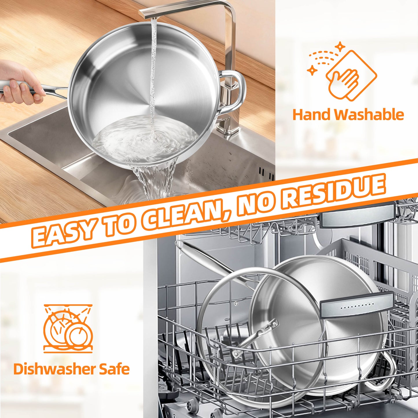 Vesteel 6 Quart Tri-Ply Saute Pan with Lid, 12” Stainless Steel Kitchen Skillet with Removable Handle, Healthy Non-toxic Cooking Pan, Induction Compatible & Dishwasher Safe