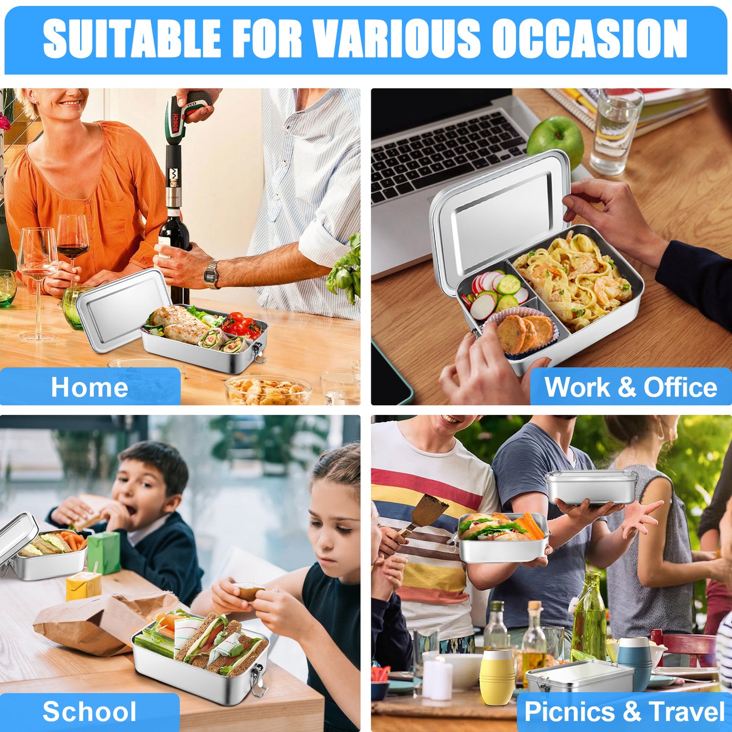 Vesteel Stainless Steel Bento Box, 29oz Lunch Box Metal Food Storage Container with Removable Dividers, Portable & Leak-Proof Meal Prep Container with 3 Compartment