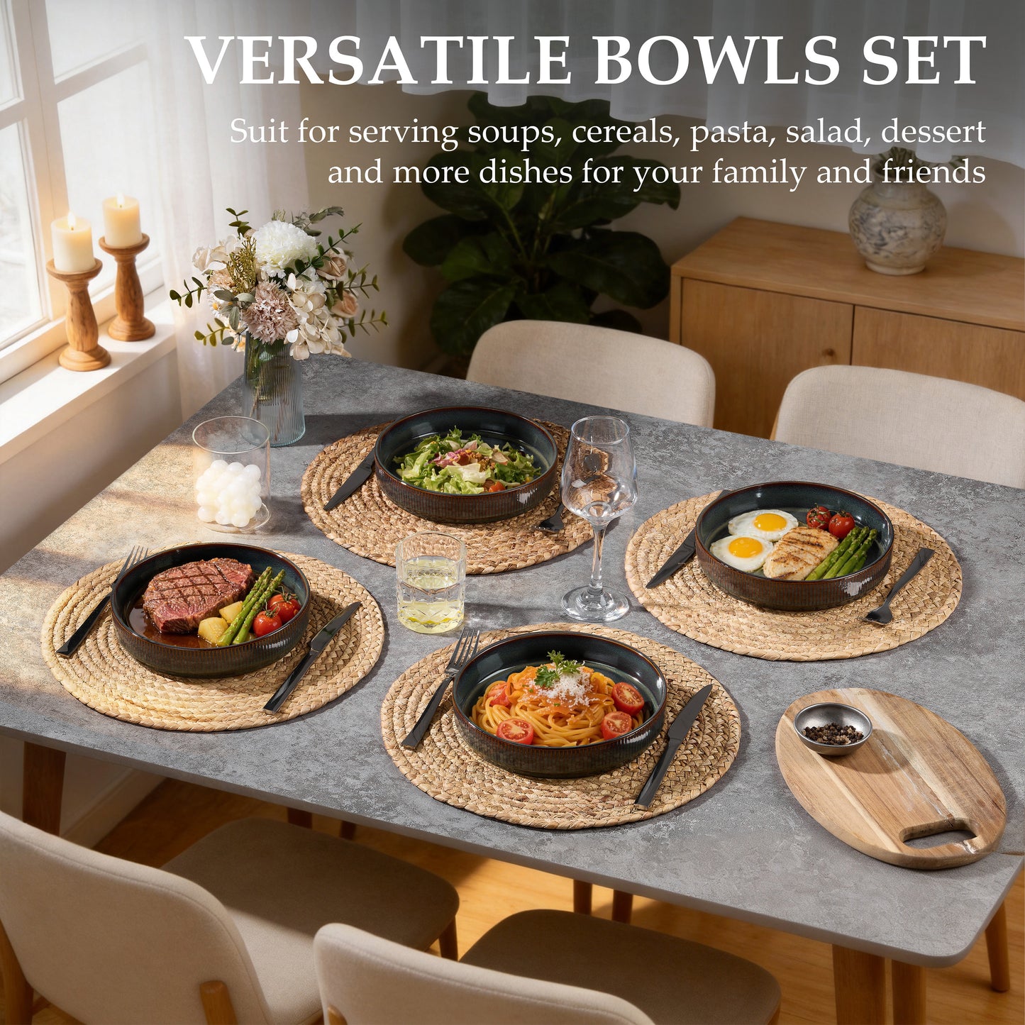 Vesteel Pasta Bowls Set of 4, 32oz Large Salad Bowls for Dinner Serving Soup, Ceramic Stoneware Pasta Plates with Textured Stripes, Microwave & Dishwasher Safe, Blackish Green