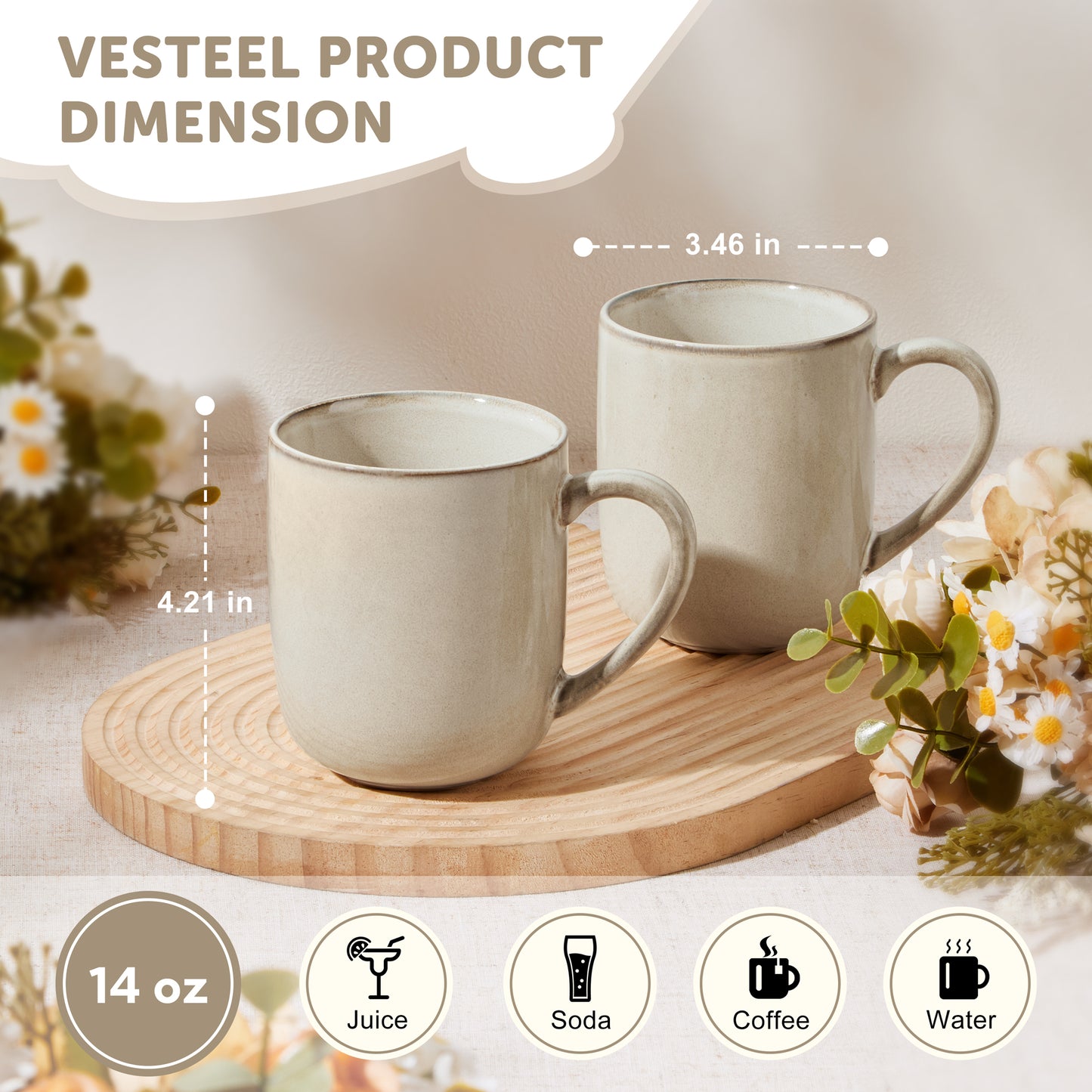 Vesteel Coffee Mug Set of 4, Ceramic Coffee Cups with Handles, 14oz Handmade Reactive Glaze Mugs Set for Coffee Tea Milk, Mug Gifts for Thanksgiving Day Anniversary, Khaki