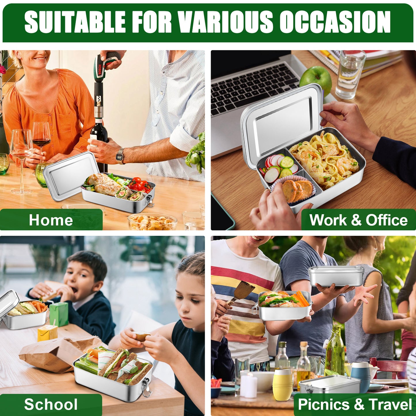 Vesteel Stainless Steel Bento Box, 47oz Lunch Box Metal Food Storage Container with Removable Dividers, Portable & Leak-Proof Meal Prep Container with 3 Compartment