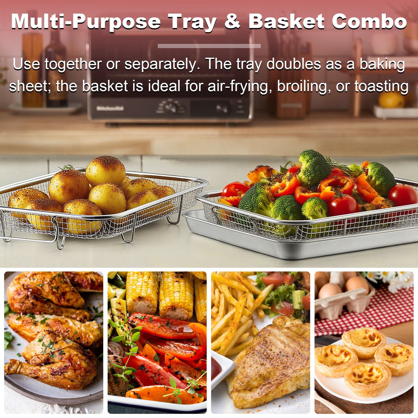 Vesteel 12.5 inch Air Fryer Pan with Basket Set of 2, Stainless Steel Oven Crisper Tray for Baking, Roasting, and Healthy Cooking, Dishwasher Safe