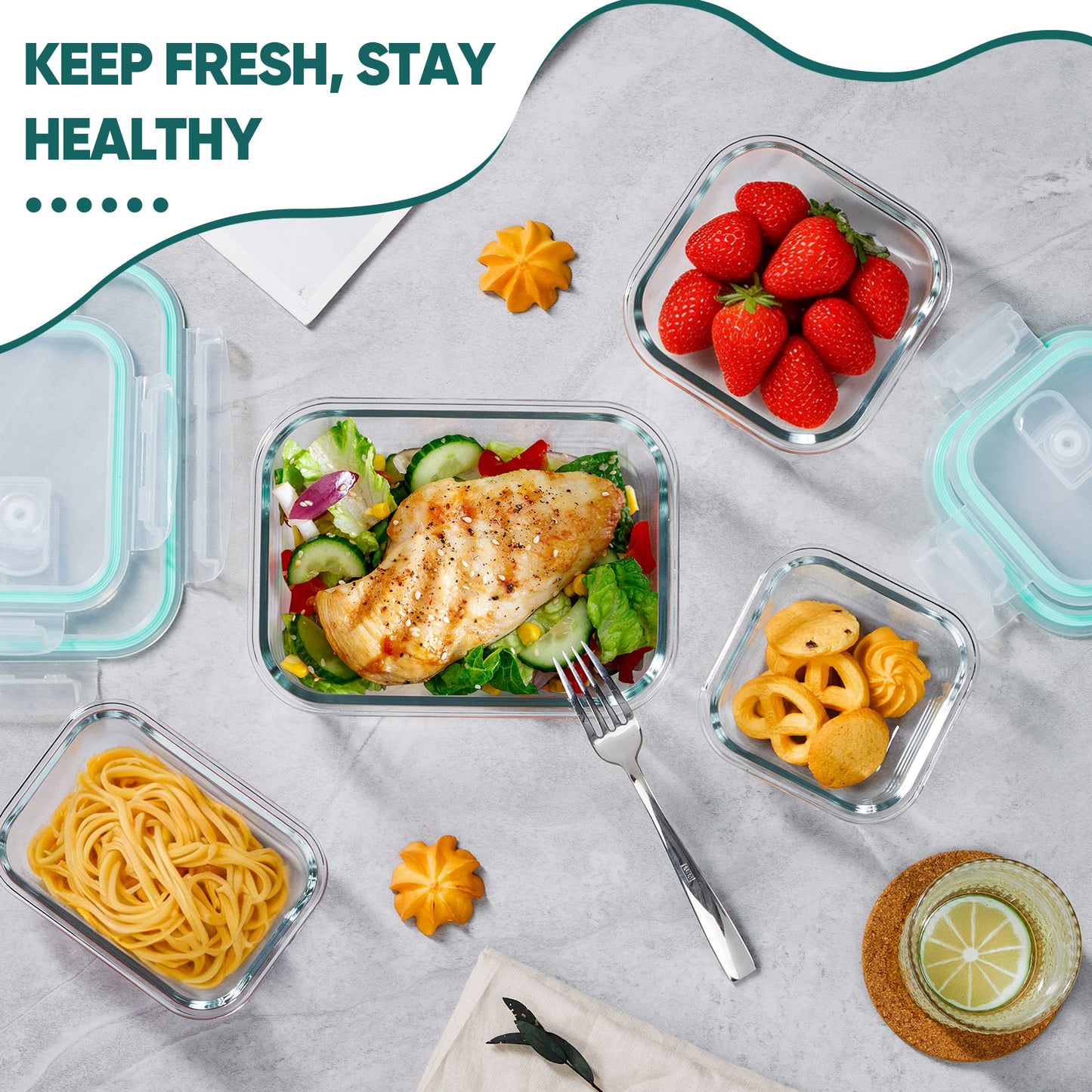 Vesteel 7 Pack Glass Food Storage Containers Set with Airtight Lid, Glass Meal Prep Containers with Vented Lid for Kitchen, BPA-Free Bento Lunch Box , Microwave, Freezer & Dishwasher Safe