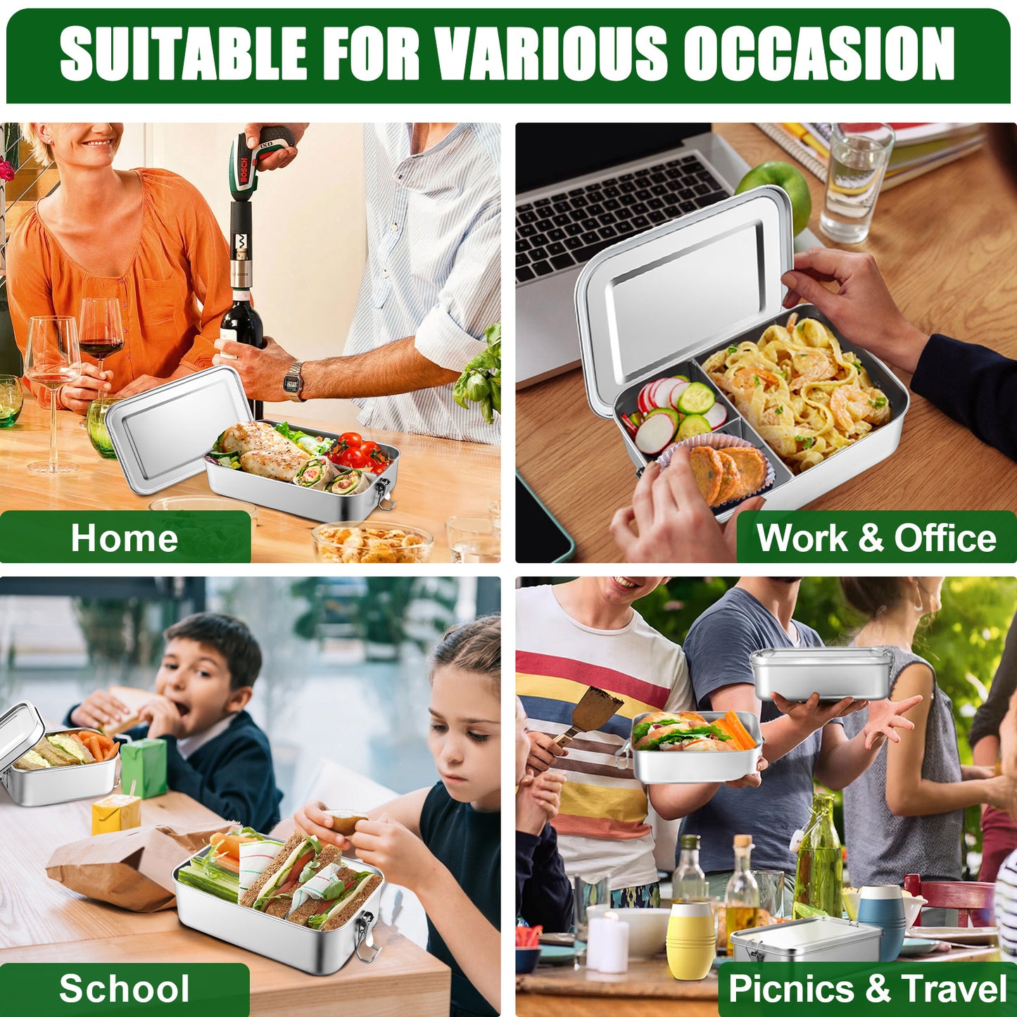 Vesteel Large Capacity Bento Box, 81oz Lunch Box Metal Food Storage Container with Removable Dividers, Portable & Leak-Proof Meal Prep Container with 3 Compartment