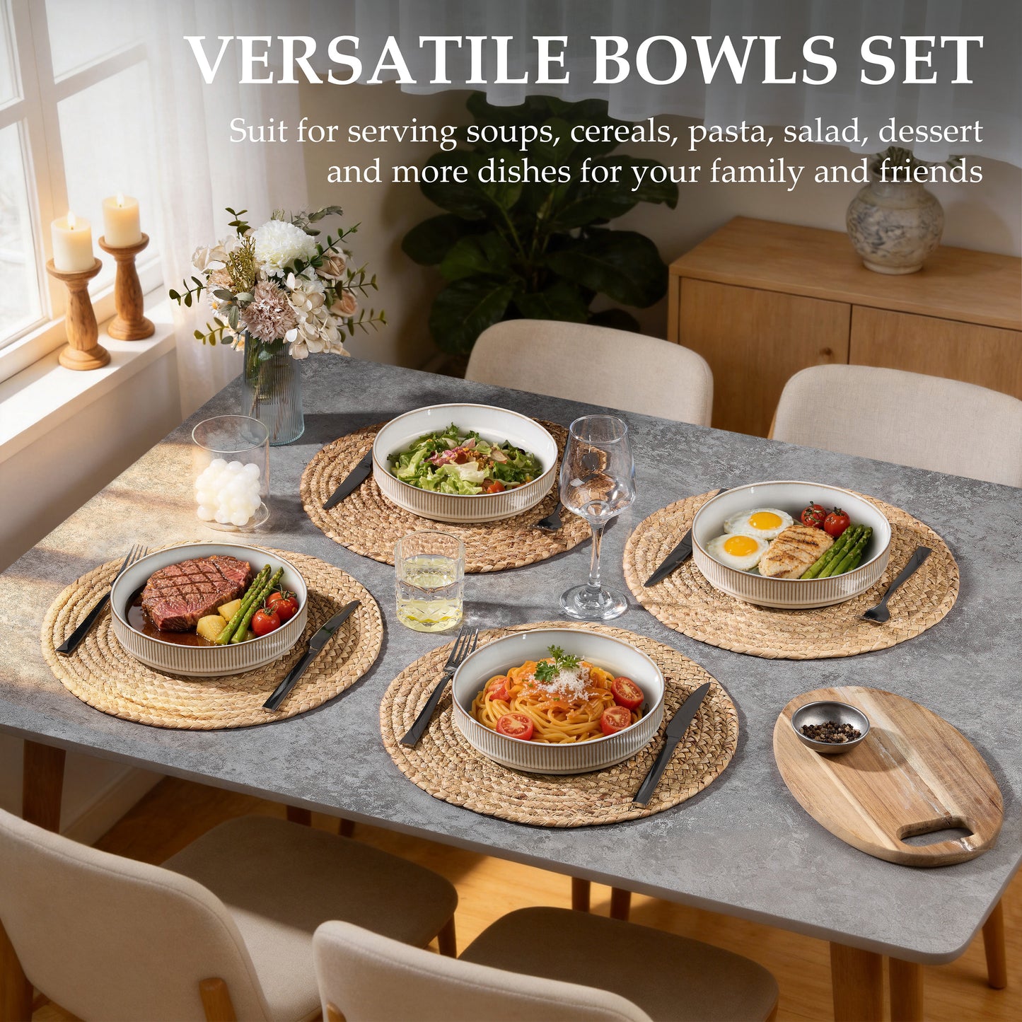 Vesteel Pasta Bowls Set of 4, 32oz Large Salad Bowls for Dinner Serving Soup, Ceramic Stoneware Pasta Plates with Textured Stripes, Microwave & Dishwasher Safe, Seashell White