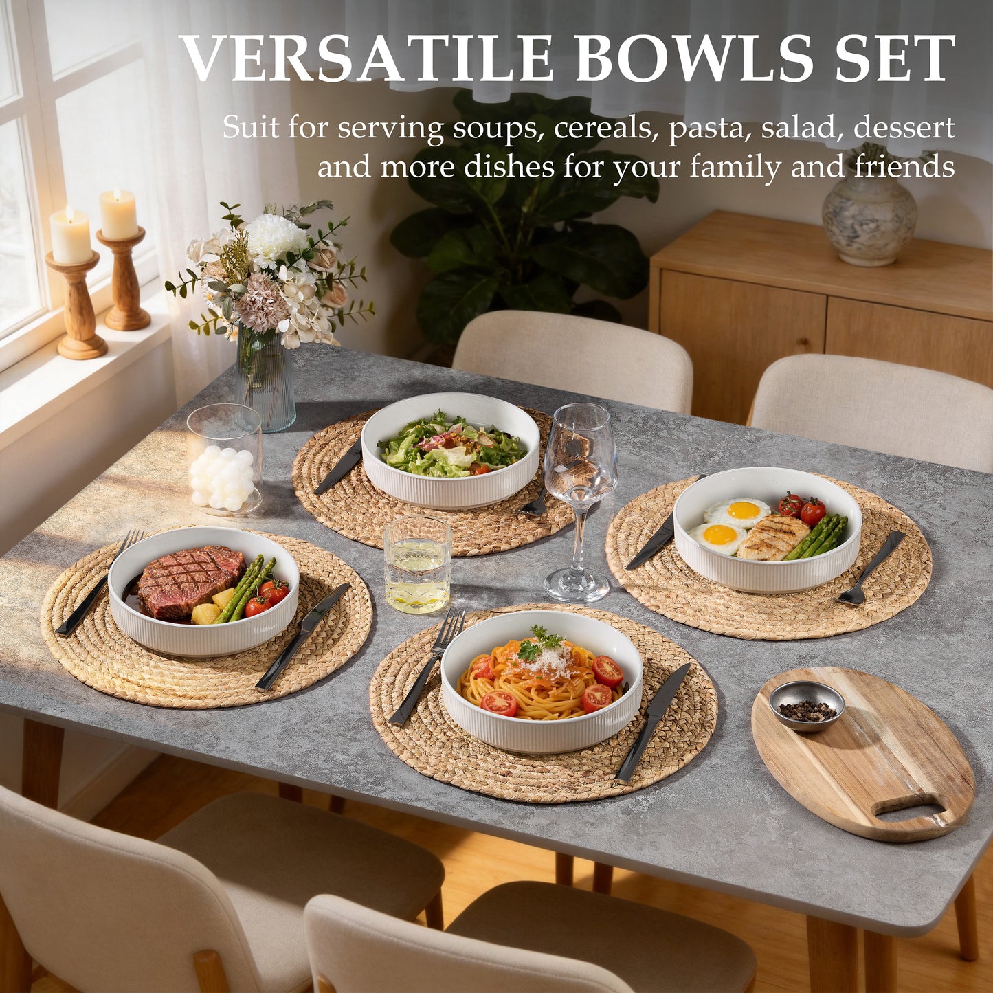 Vesteel Pasta Bowls Set of 4, 32oz Large Salad Bowls for Dinner Serving Soup, Ceramic Stoneware Pasta Plates with Textured Stripes, Microwave & Dishwasher Safe, Speckled White