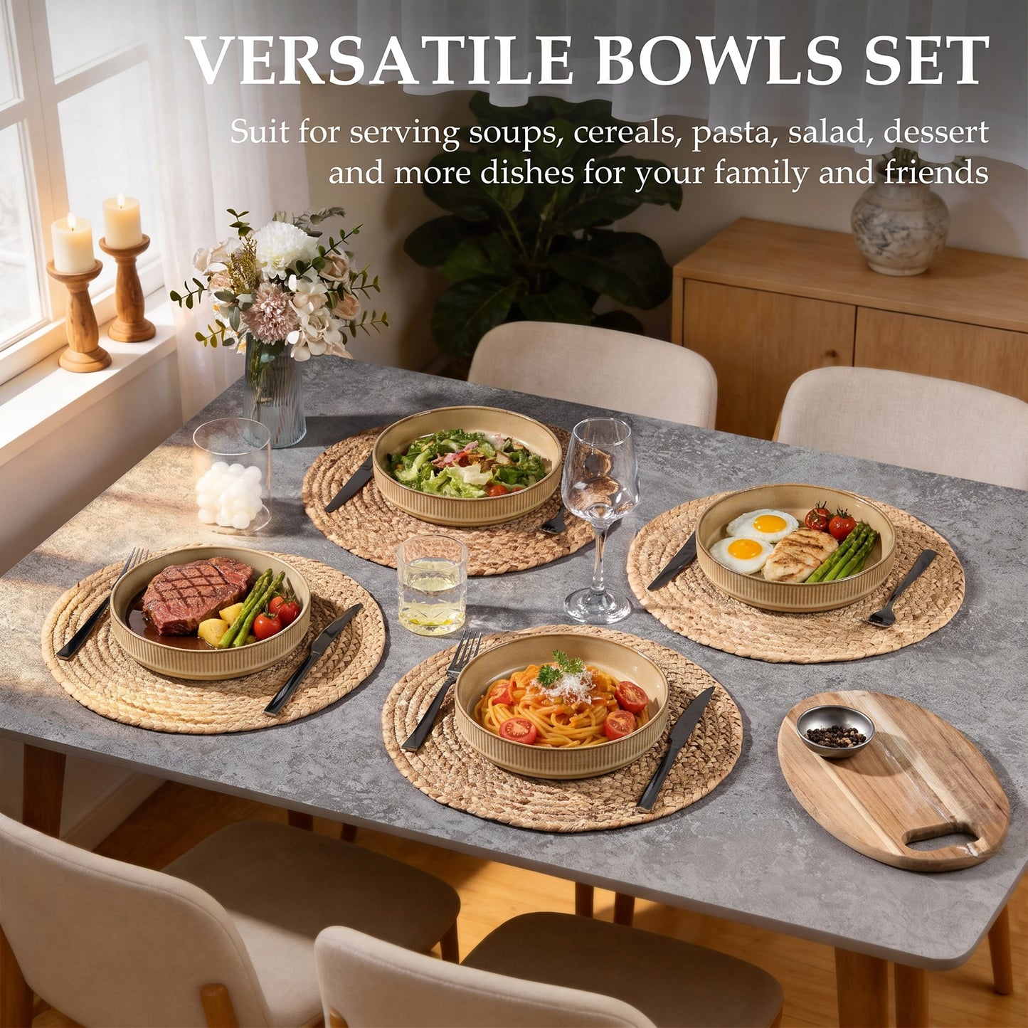 Vesteel Pasta Bowls Set of 4, 32oz Large Salad Bowls for Dinner Serving Soup, Ceramic Stoneware Pasta Plates with Textured Stripes, Microwave & Dishwasher Safe, Khaki