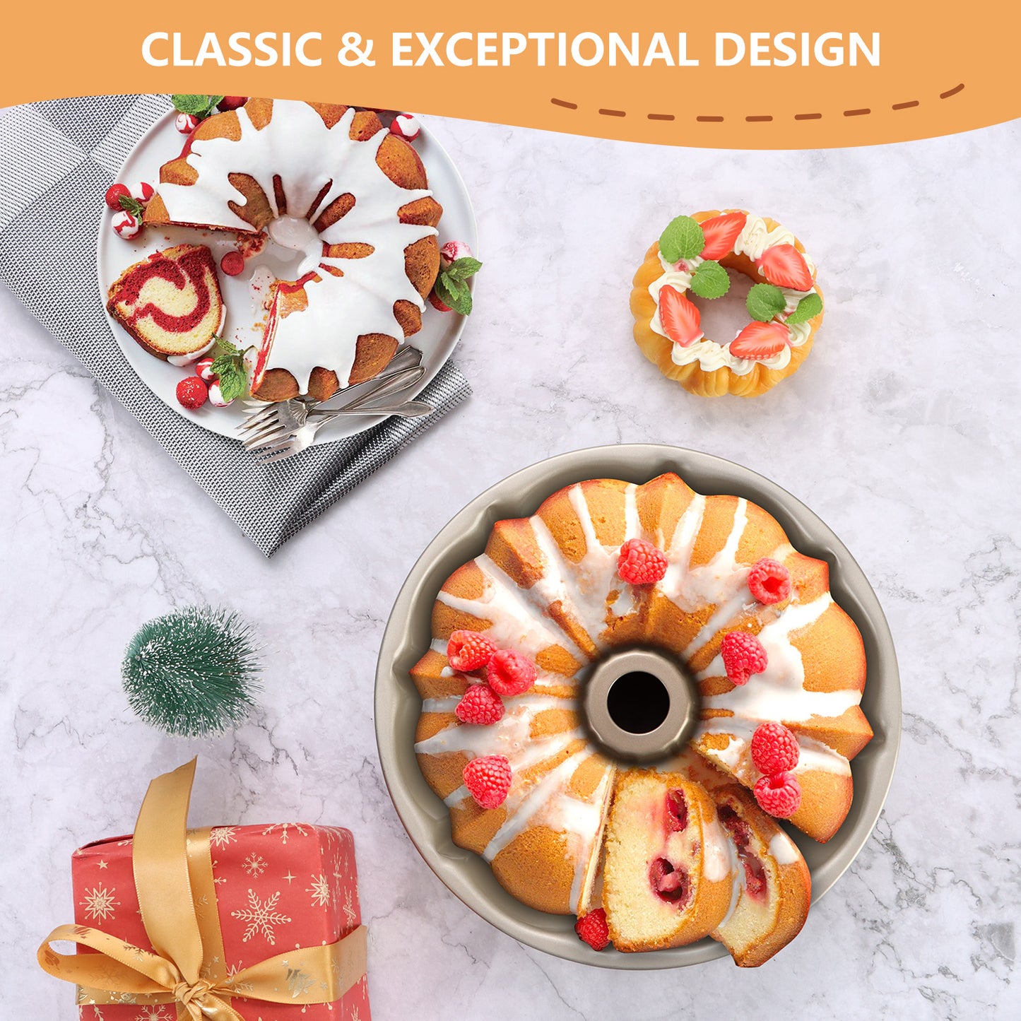 Vesteel 2 Pack Bundt Cake Pan, 10" Nonstick Fluted Cake Pans for Baking, 10 Cups Heavy Duty Carbon Steel Tube Round Cake Mold for Brownie, Pumpkin Bread, Durable & Easy Release, Gold