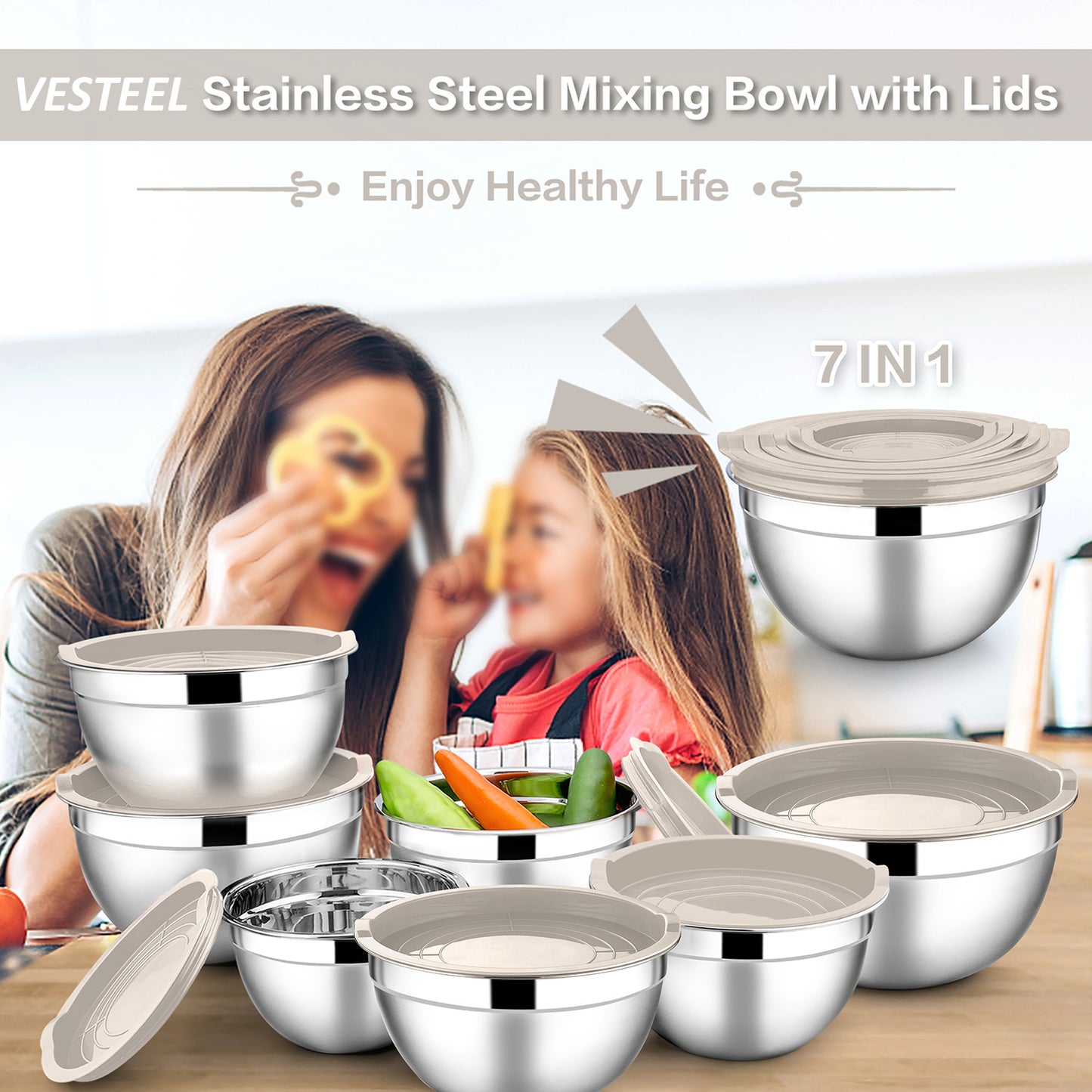 Vesteel 7 PCS Stainless Steel Mixing Bowls, Metal Nesting Salad Bowls with Lids, 4.5/3.5/3/2.5/1.5/1.2/0.7 QT - Khaki