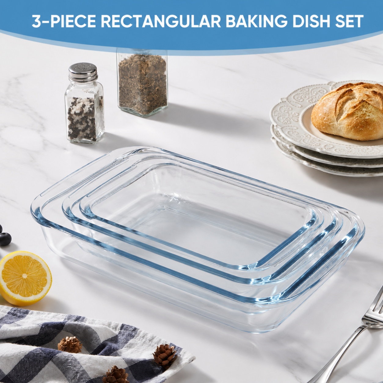 Vesteel 3-Piece Glass Baking Dish Set, Rectangular Baking Tray with Handles, Non-Stick Kitchen Bakeware Set Casserole Dishes for Prepping and Baking, Heat-Resistant & Oven Freezer Dishwasher Safe