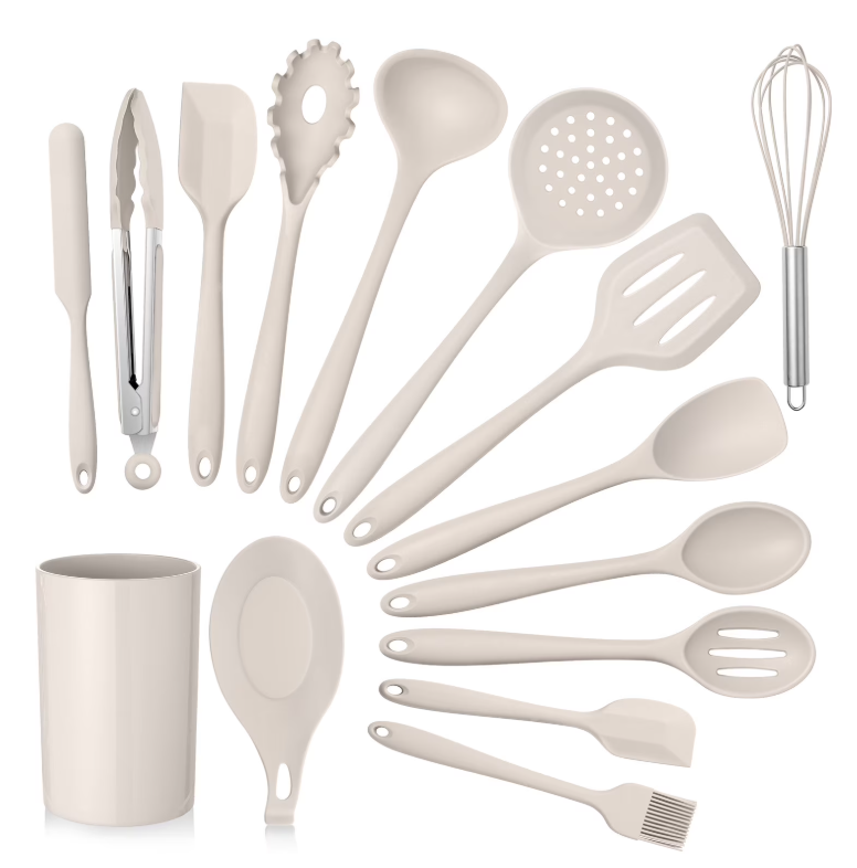Vesteel 15-Piece Kitchen Utensils Set, Silicone Cooking Utensils with Holder, Non-stick Cookware Friendly & Heat Resistant - Khaki