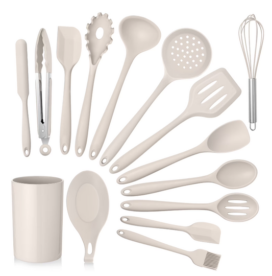 Vesteel 15-Piece Kitchen Utensils Set, Silicone Cooking Utensils with Holder, Non-stick Cookware Friendly & Heat Resistant - Khaki
