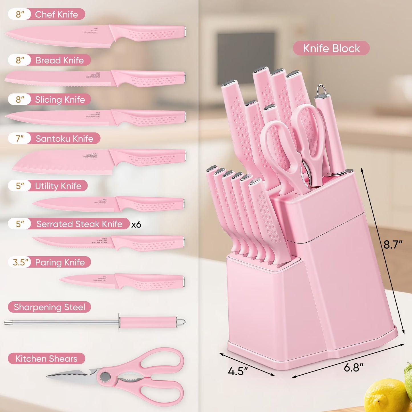 Vesteel Knife Block Set for Kitchen, 15-Piece High Carbon Stainless Steel Knives Set with Ergonomic Handle, Ultra-sharp & Rust Resistant, Pink
