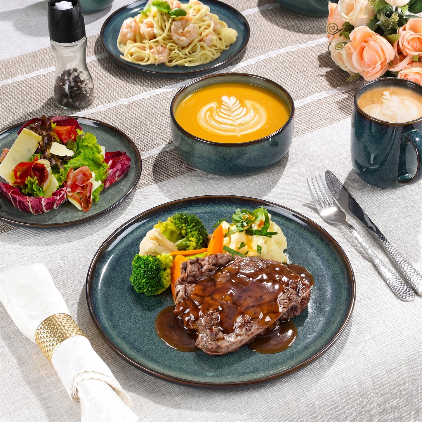 Onader 12 Piece Dinnerware Sets, Plates and Bowls Set for 4, Handmade Stoneware Dishes Sets for Home Restaurant, Dishwasher & Microwave Safe - Blackish Green