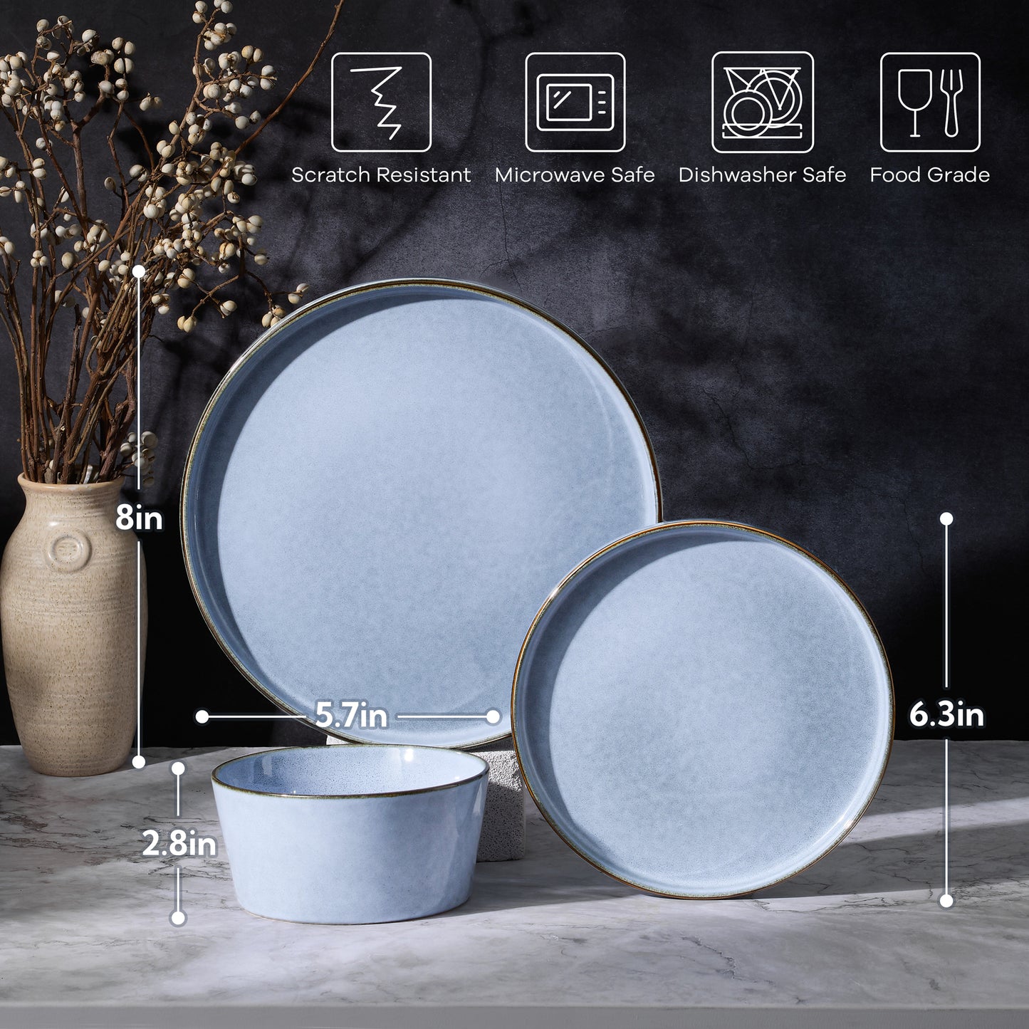 Vesteel 12Pcs Dinnerware Sets, Ceramic Plates and Bowls Sets for 4, Handmade Reactive Glaze Coupe Dishes Set for Kitchen Dining, Microwave, Uranus Blue