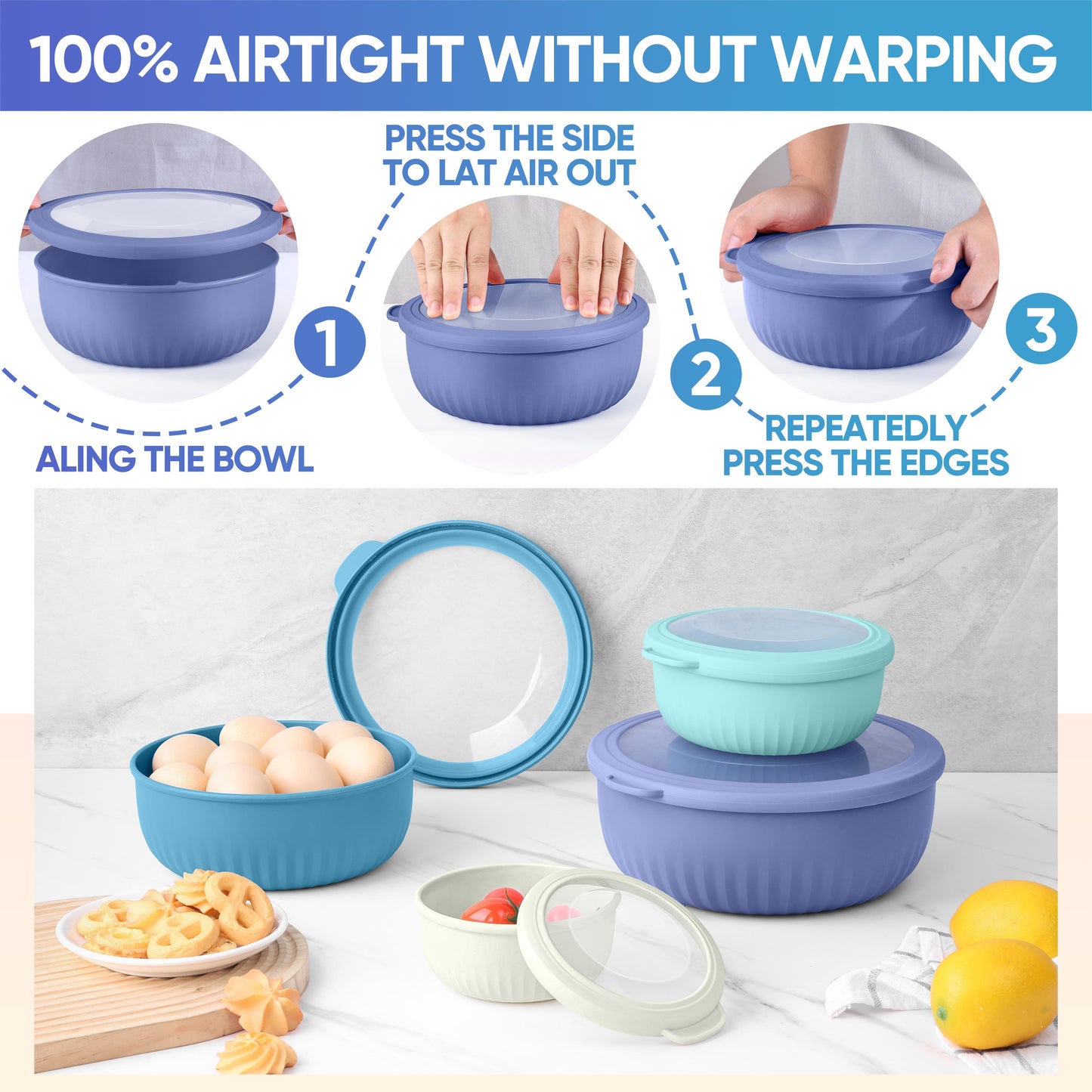 Vesteel 8Pcs Mixing Bowl Set with Lids, Nesting Plastic Bowls for for Mixing Serving Preparing Storage, Kitchen Prep Bowls, Dishwasher Safe, Blue