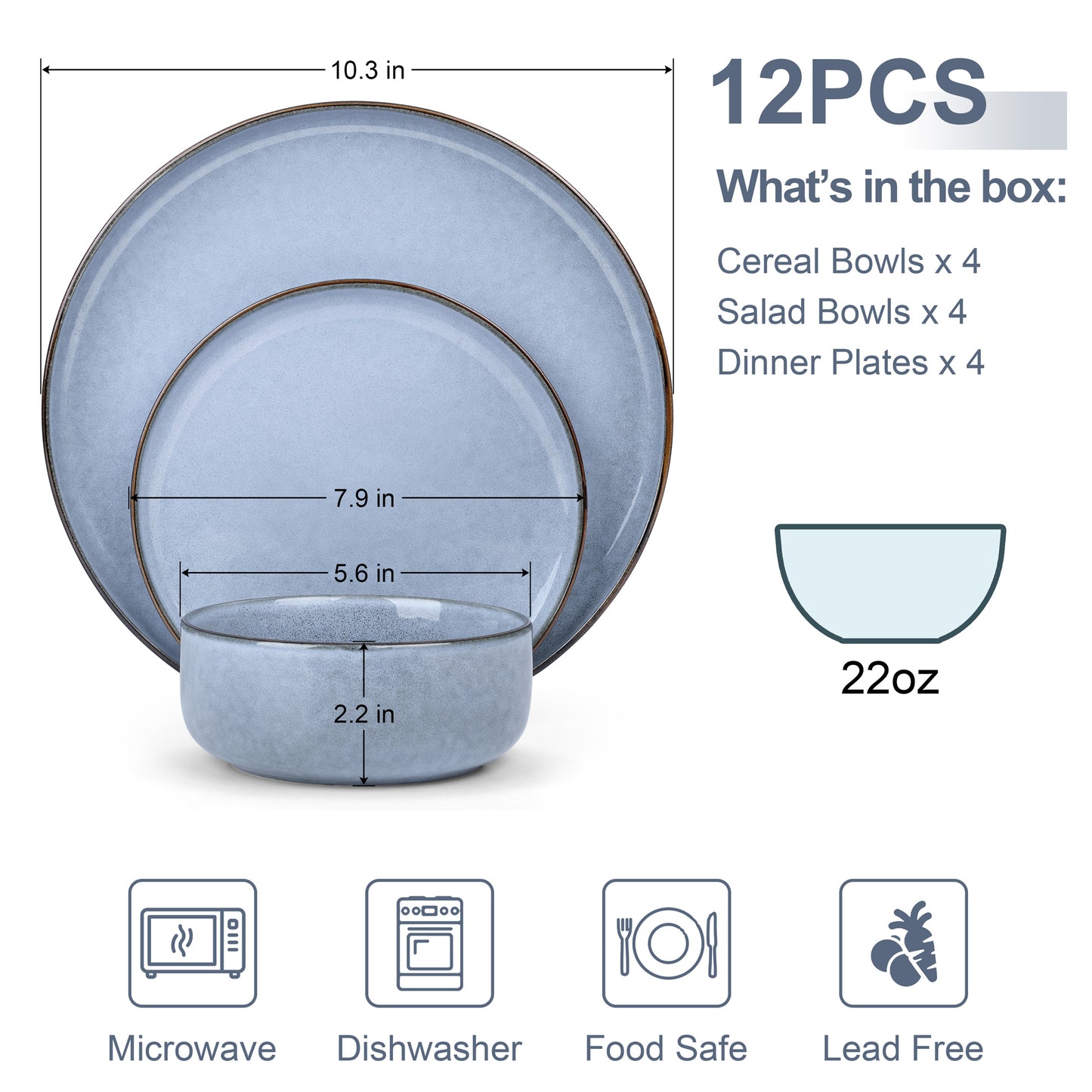 Vesteel Dinnerware Sets for 4, 12-Piece Stoneware Dish and Bowls Set, Handmade Reactive Glaze Coupe Plates Set, Chip & Scratch Resistant - Uranus Blue