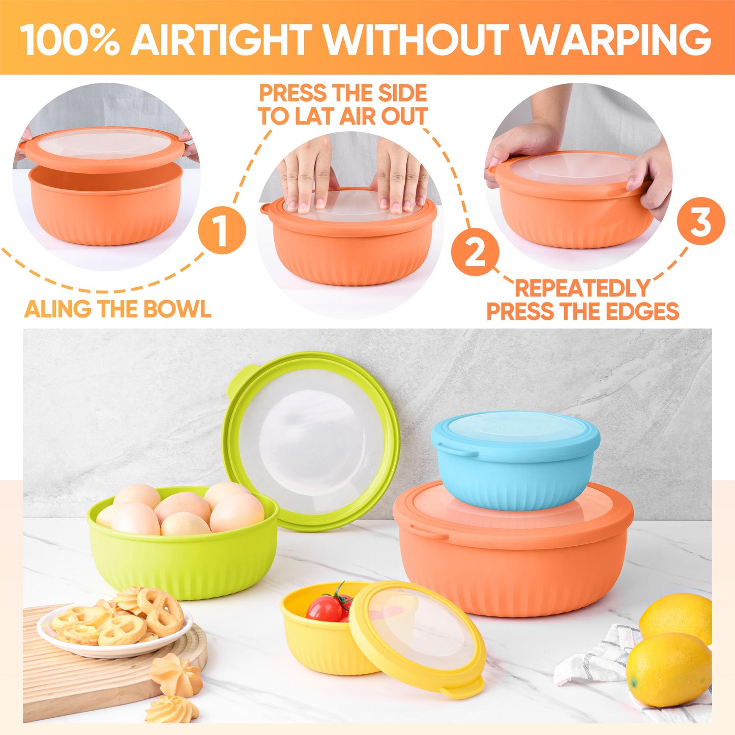 Vesteel 8Pcs Mixing Bowl Set with Lids, Nesting Plastic Bowls for for Mixing Serving Preparing Storage, Kitchen Prep Bowls, Dishwasher Safe, Multi-Color
