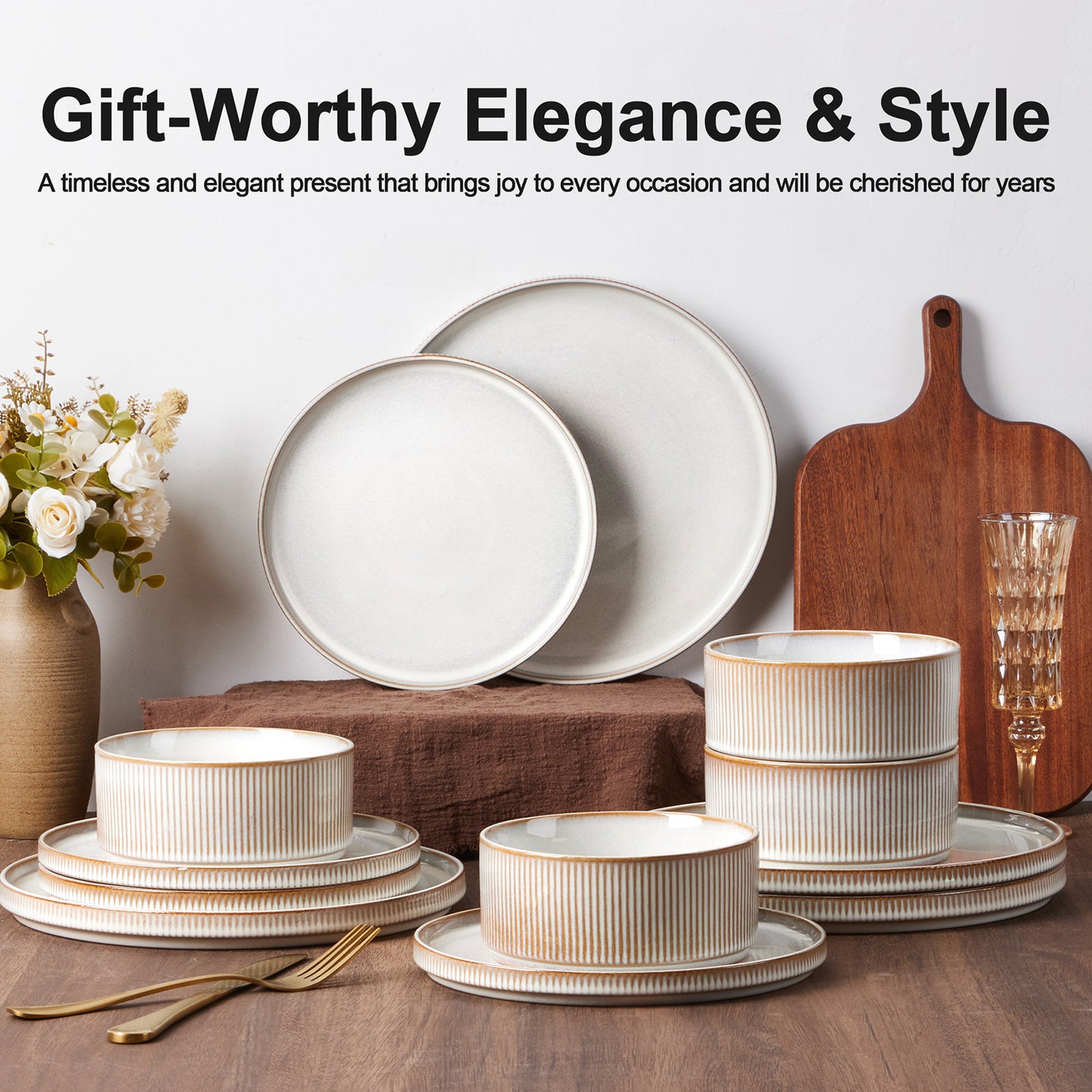 Vesteel Dinnerware Set for 4, 12-Piece Premium Stoneware Ribbed Dishes with Reactive Glaze, Chip & Scratch Resistant Plates and Bowls Set for Home Restaurant, Microwave Safe - Cappuccino White