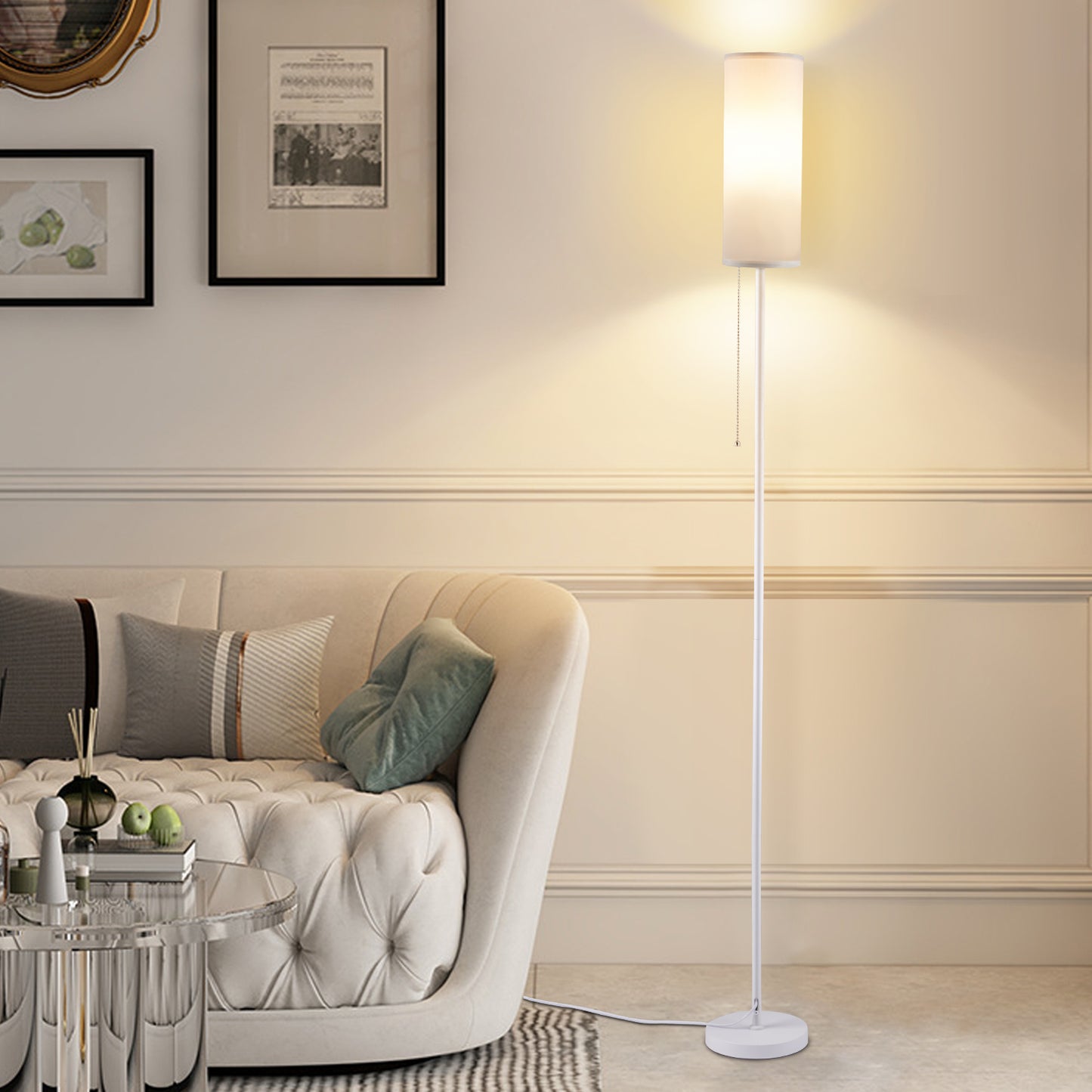 Vesteel Floor Lamp for Living Room, Modern Standing Lamp with 3 Color Temperatures LED Bulb & Linen Lampshade, Pole Lamp for Bedroom Living Room Office, White