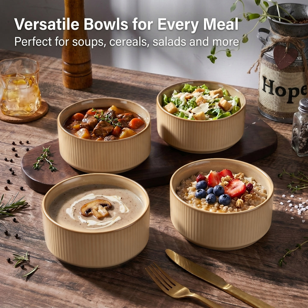 Vesteel Cereal Bowl for 4, 26oz Stoneware Soup Bowls with Textured Stripes, 4-Piece Ceramic Kitchen Bowls for Salad Fruit Pasta Soup, Dishwasher Safe & Microwave Safe, Khaki