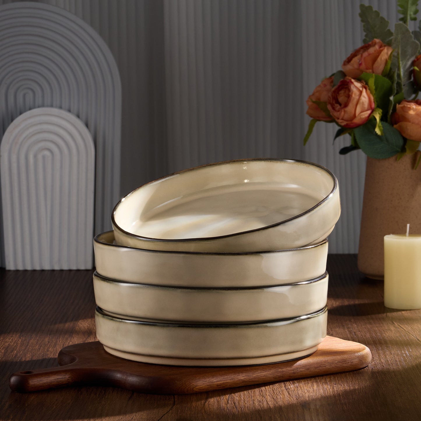 Vesteel Pasta Bowls Set of 4, 30oz Stoneware Salad Bowl, Large Dinner Bowls for Eating Serving Soup Noodle Pasta, Microwave & Dishwasher Safe, Khaki