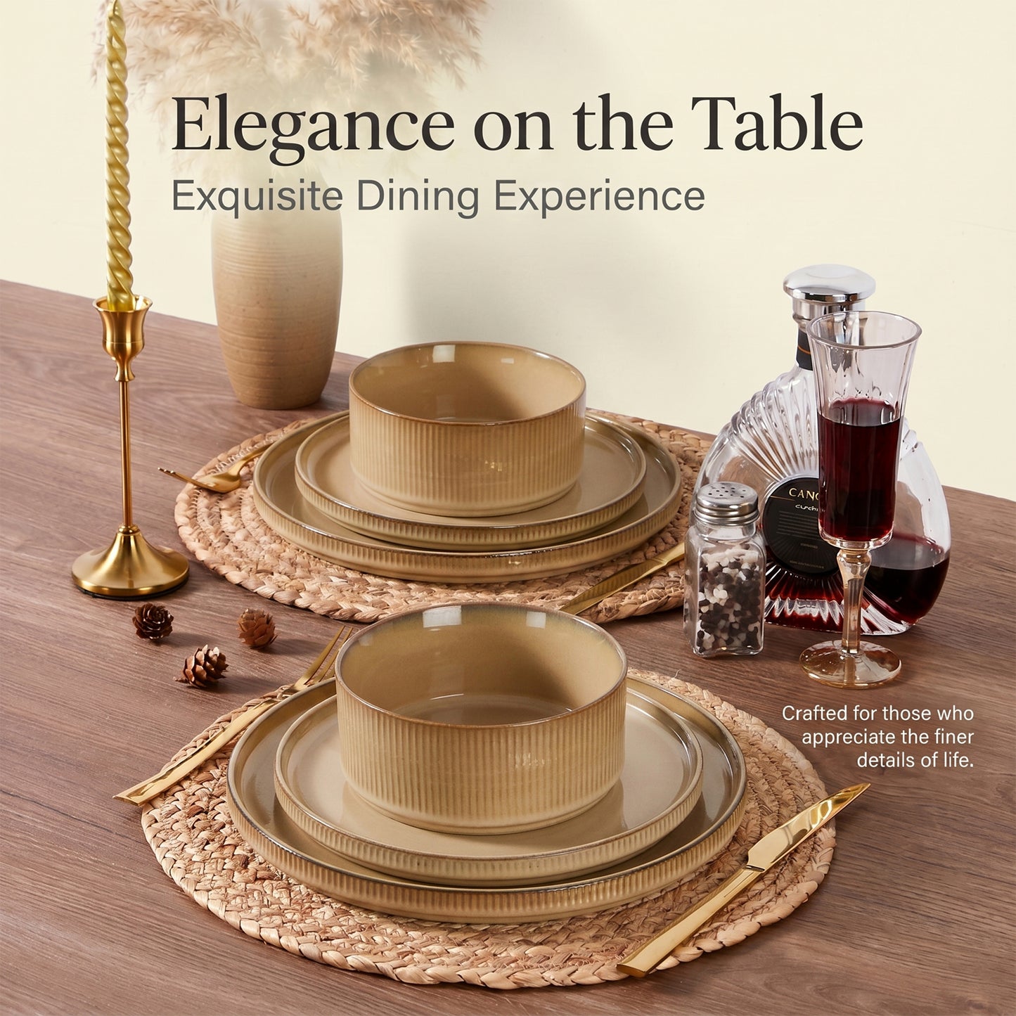 Onader 8-Piece Stoneware Dinnerware Set, Vertical Striped Reactive Glaze Plates and Bowls Sets for the Kitchen, Microwave & Dishwasher Safe, Khaki