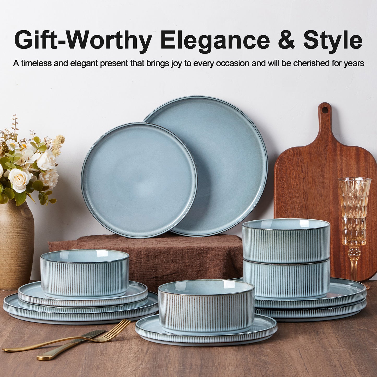 Vesteel Dinnerware Set for 4, 12-Piece Premium Stoneware Ribbed Dishes with Reactive Glaze, Chip & Scratch Resistant Plates and Bowls Set for Home Restaurant, Microwave Safe - Smoky Blue