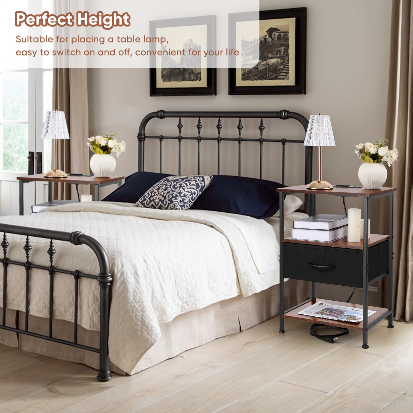 Vesteel Nightstand with Charging Station, 3-Tier Storage End Table with Drawer Shelf, Night Stand for Small Spaces, Bed Side Table for Living Room Bedroom - Rustic Brown