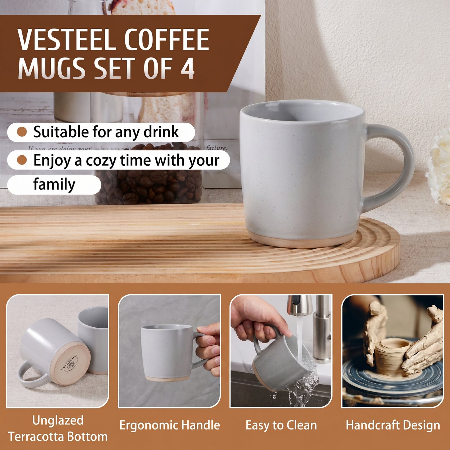 Vesteel Coffee Mugs Set of 4, 12oz Porcelain Coffee Cups with handle, Ceramic Stoneware Mug for Milk, Coffee, Hot Cocoa, Microwave & Dishwasher Safe, Light Gray