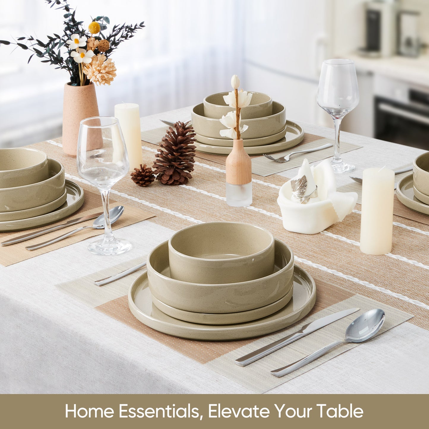 Vesteel 16 Pieces Dinnerware Sets, Premium Stoneware Dishes Set for 4, Speckled Plates and Bowls Set for Home Restaurant, Microwave and Dishwasher Safe - Khaki